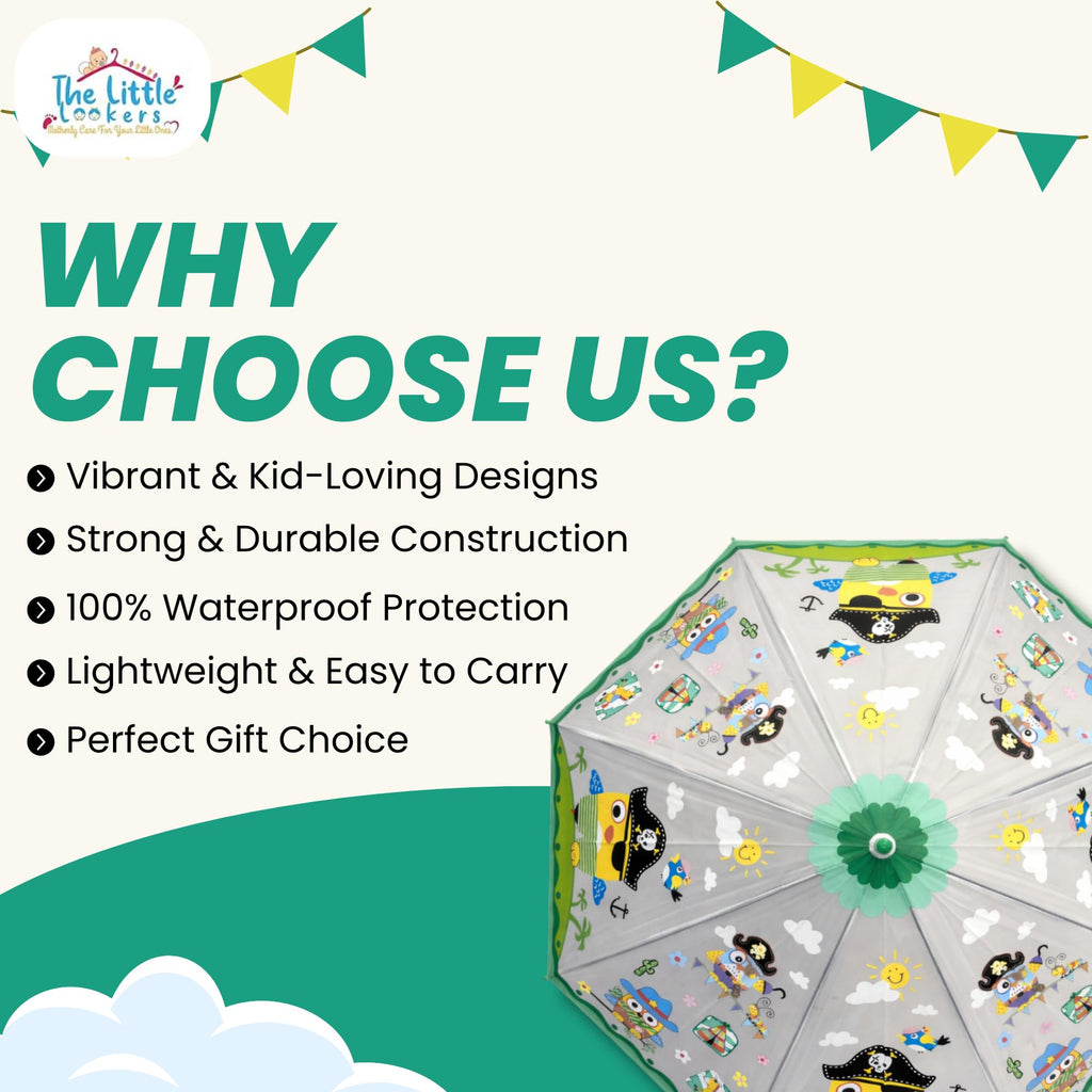 THE LITTLE LOOKERS Umbrella for Kids | Cute Printed Children Umbrellas | Stylish & Cute Mini Rain Umbrella for Children | Portable, Waterproof & Lightweight | for Girls and Boys (Green)