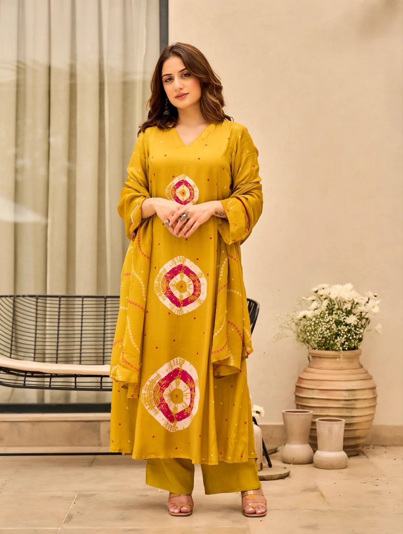 Nermosa Women Pure Cotton Kurta Pant Dupatta Set | Summer Friendly Ethnic Suit Set for Women | V-Neck Printed Kurti with Matching Pants & Dupatta | Casual & Office Wear (IN, Alpha, 2XL, Yellow)