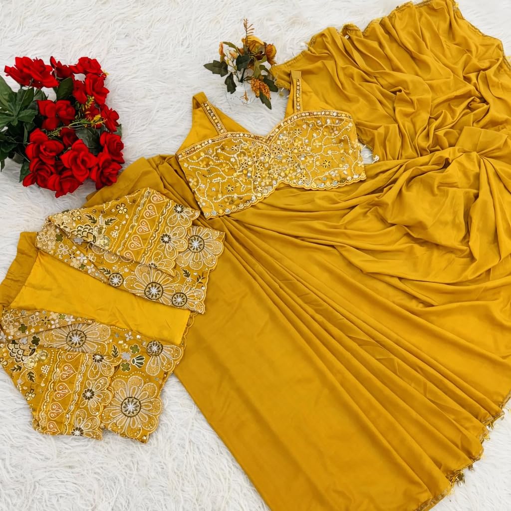 CLASSY FASHION HUB Women's Embellished, Embroidered Ready-to-Wear Crepe Silk Saree with Fully Embroidered Koti, Stitched Blouse & Lace Border – Ethnic for Women (Musterd)