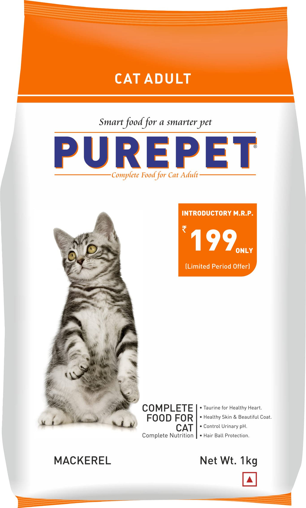 Purepet Adult Dry Cat Food 1kg | Mackerel Flavour | Hairball Protection | Heart Care with Taurine | Skin Health