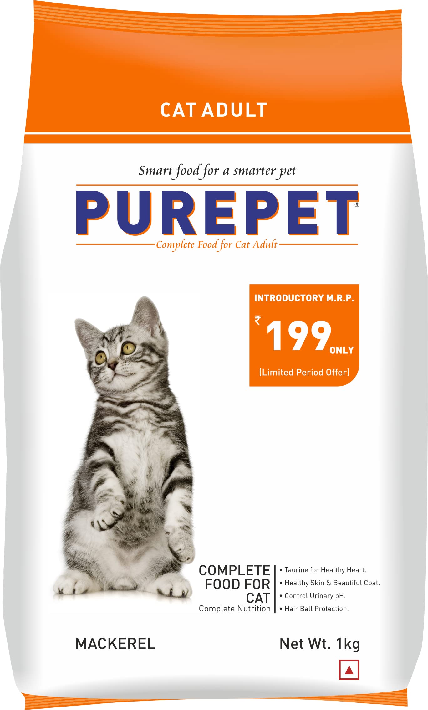 Purepet Adult Dry Cat Food 1kg | Mackerel Flavour | Hairball Protection | Heart Care with Taurine | Skin Health