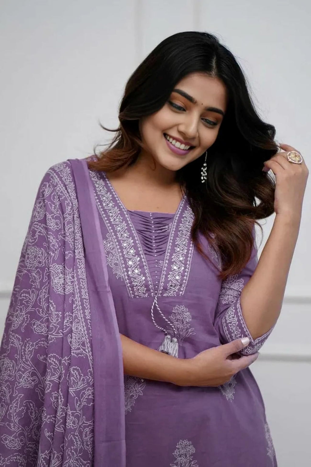 PARTHVI Women's Pure Cotton Printed with Handwork Kurta with Pants and Dupatta Set, Wedding Ethnic Suit Set, P-1079, Purple, L