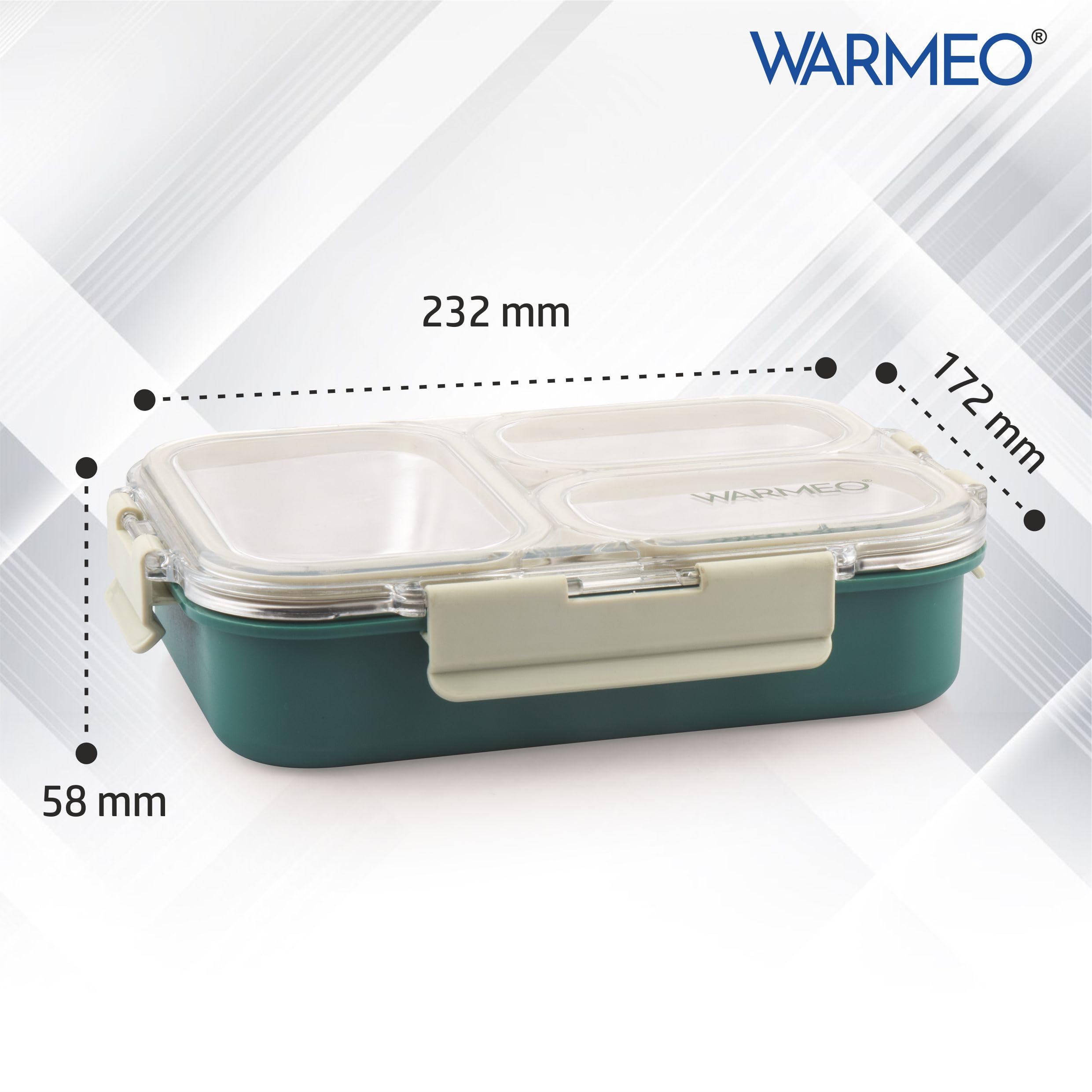 WARMEO BENTO Microwave-Safe Stainless Steel Lunchbox with 3 compartments,bpa Free,Perfect for Office, School, Travelling, 750ml-Green