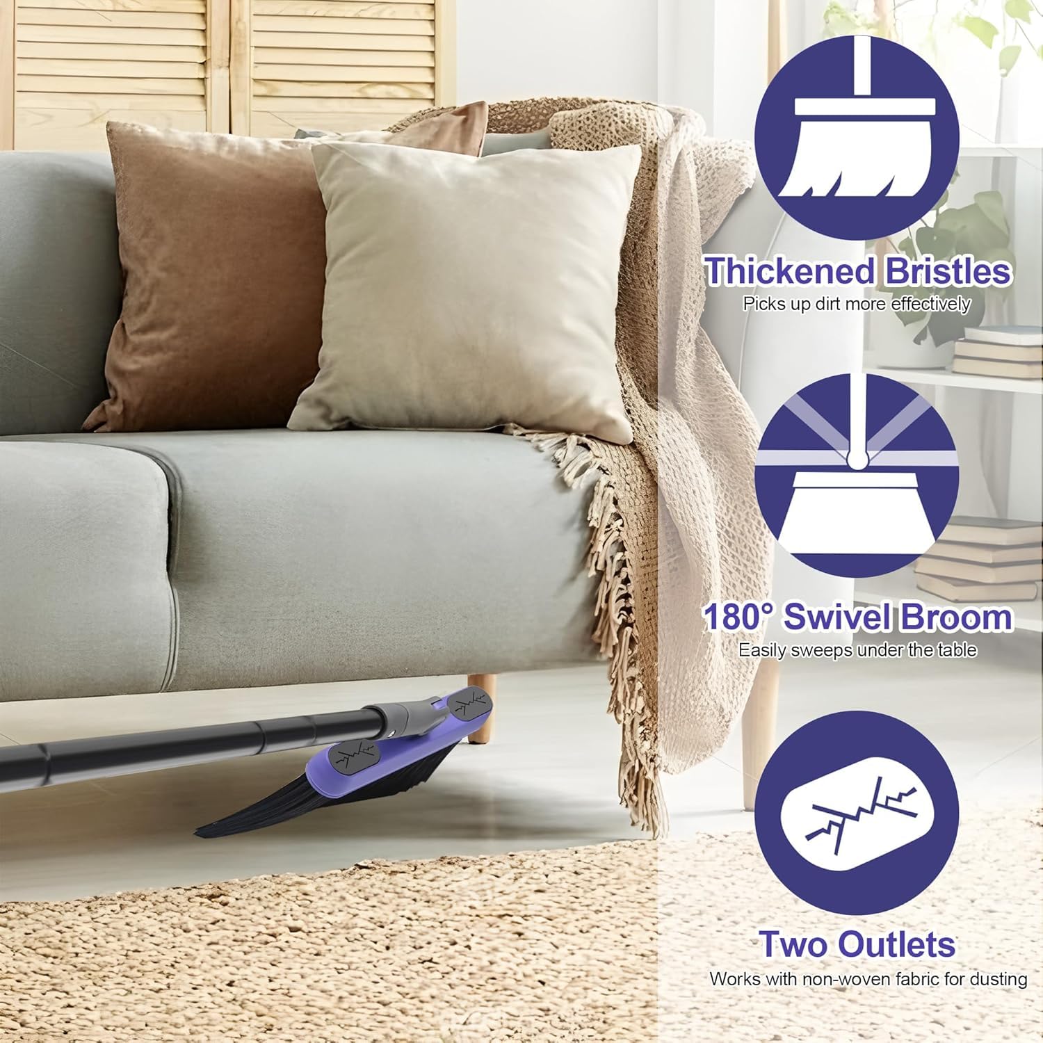 SELLWIZE Broom and Dustpan Set for Home, Long Adjustable Handle Broom with Stand Up Dustpan, 180 Degree Rotating Broom Head & Comb Teeth - Indoor Sweeping Combo for Kitchen Lobby Floor Office