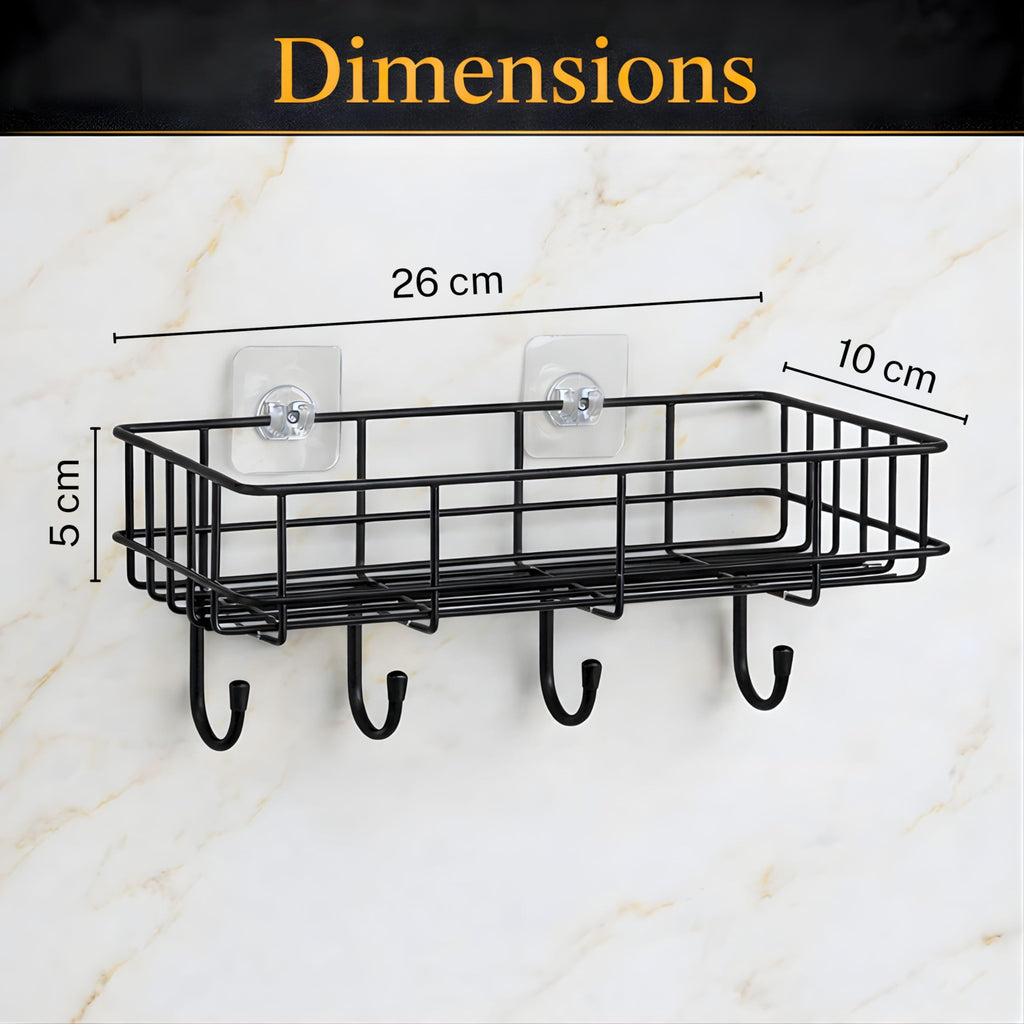 GLOXY Premium Black Metal Self-Adhesive Bathroom Organiser Without Drilling - Multipurpose Wall Mounted Shampoo Holder Bathroom Shower Caddy with 4 Hooks - Pack of 1