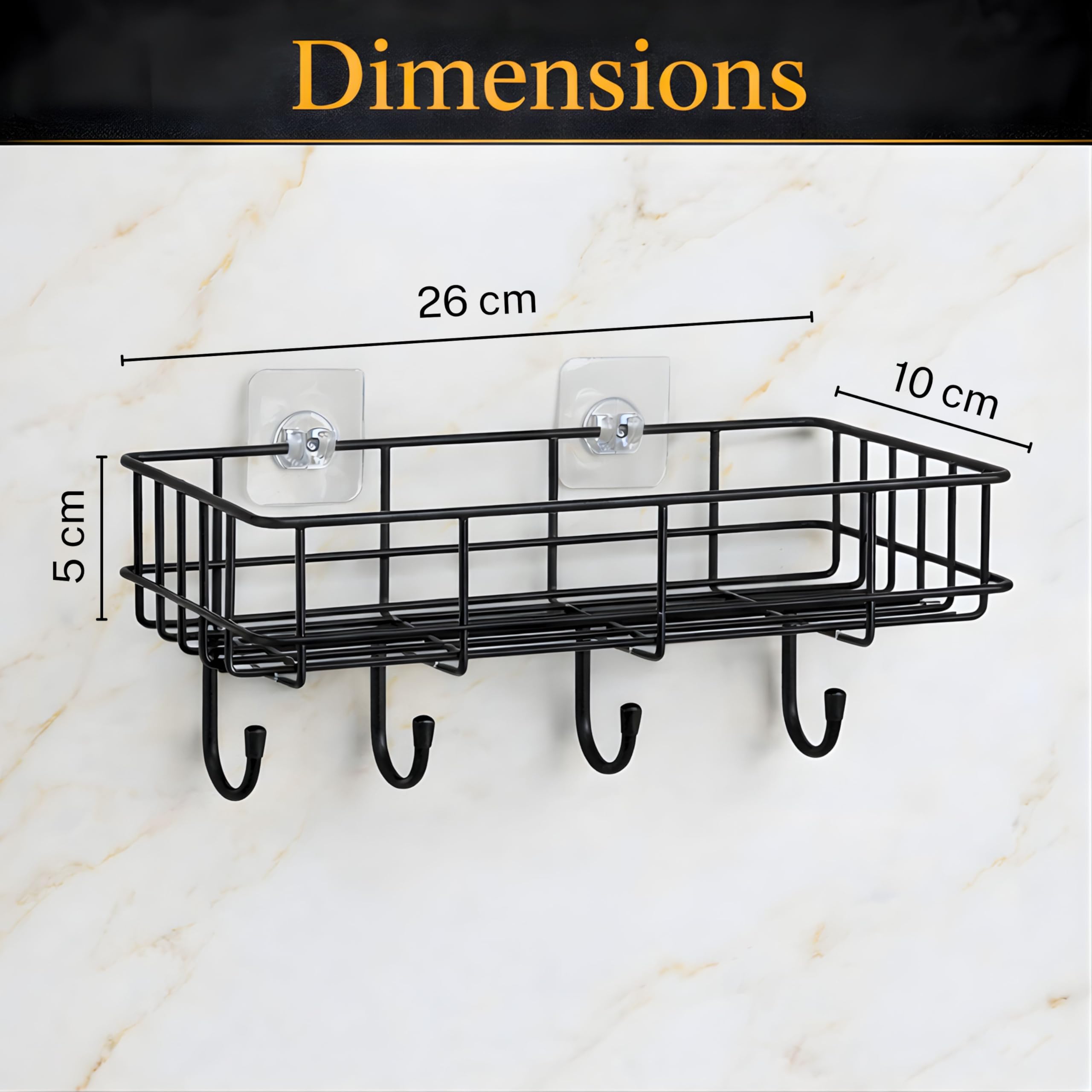 GLOXY Premium Black Metal Self-Adhesive Bathroom Organiser Without Drilling - Multipurpose Wall Mounted Shampoo Holder Bathroom Shower Caddy with 4 Hooks - Pack of 1