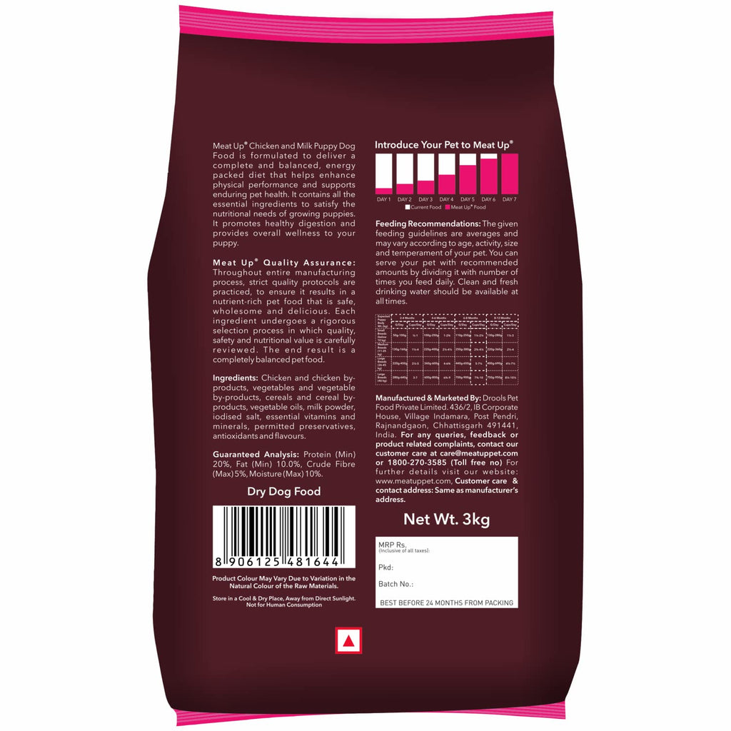 Meat Up Puppy Dry Dog Food 6kg (3kg + 3kg Free) | Chicken & Milk Flavour | Supports Brain & Nervous System Development | Maintains Digestive Health | Enriched with Vitamins & Minerals