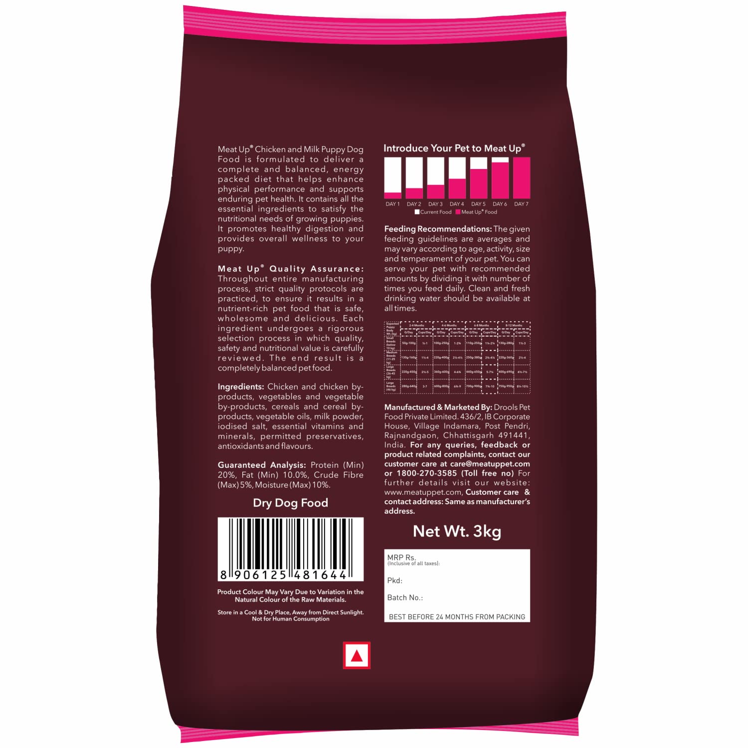 Meat Up Puppy Dry Dog Food 6kg (3kg + 3kg Free) | Chicken & Milk Flavour | Supports Brain & Nervous System Development | Maintains Digestive Health | Enriched with Vitamins & Minerals