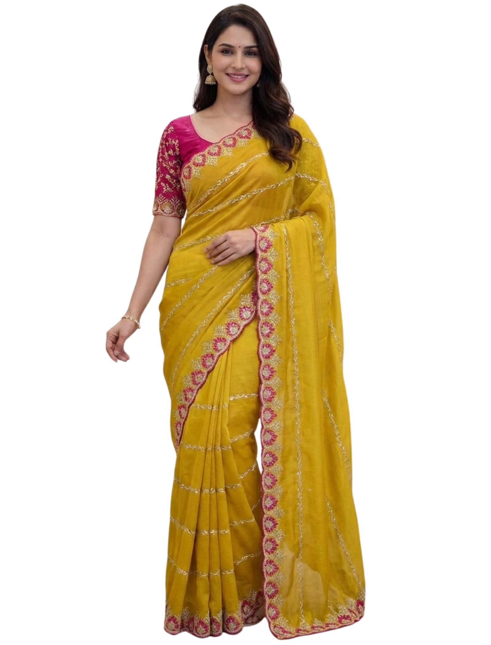 ORHANS Women's Georgette Ethnic Motifs Embroidered Georgette Heavy Work Saree | Heavy Work Wedding Saree | Pure Silk Sari | Fashionable Sarees_Yellow