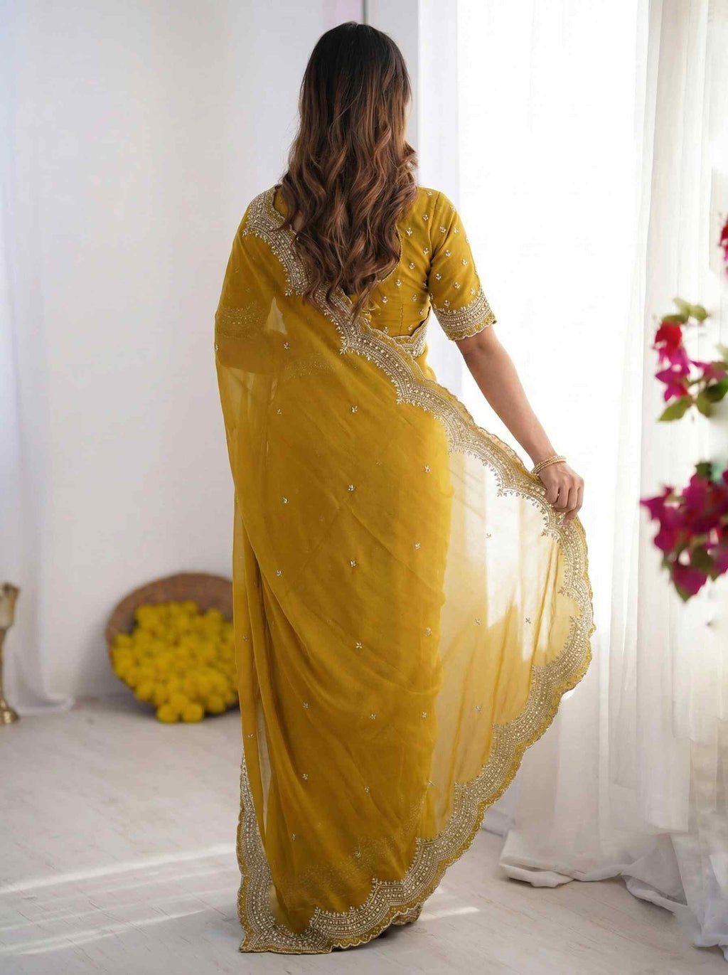 Shiv Textiles Women's Star Georgette Embroidery Work (CM-939-YELLOW)