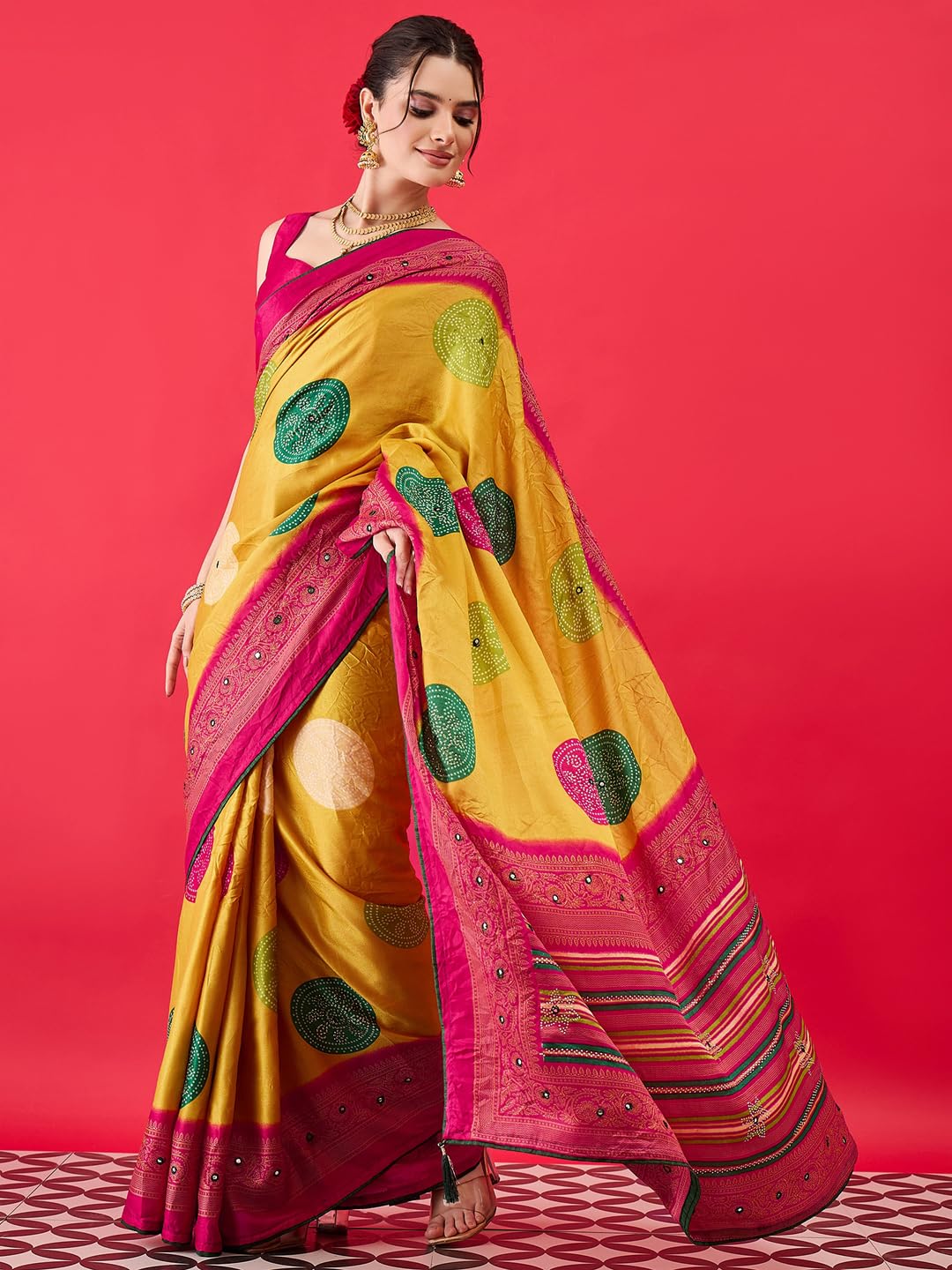 AKHILAM Women's Bandhani Printed Chiffon Saree with Blouse