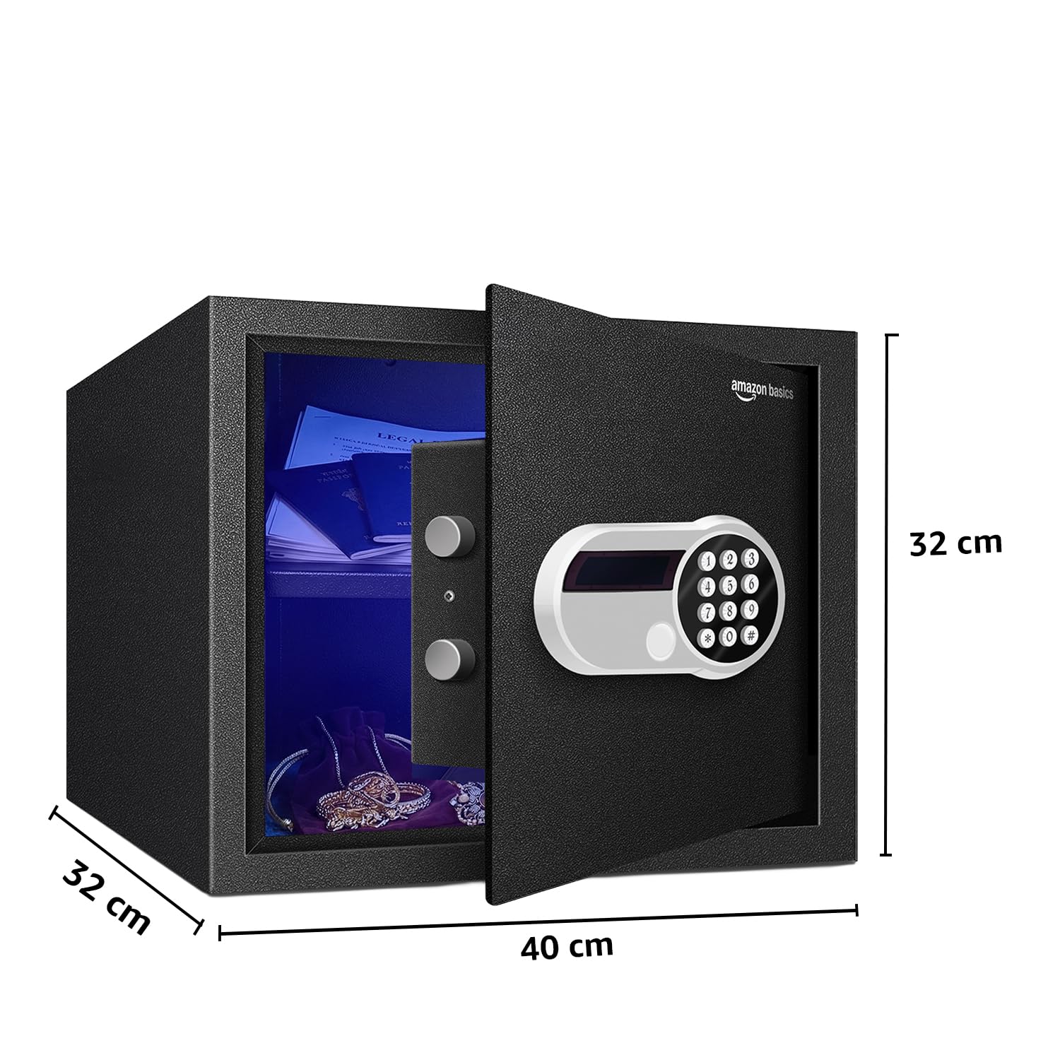 Amazon Basics 30 Litres Digital Safes for Hotel & Office - Digital Lock 3-in-1 unlocking |locker safe with Motorized Door Locking Mechanism | Size : 32 H x 40 W x 32 D(cm) | Black | Weight: 13 Kgs