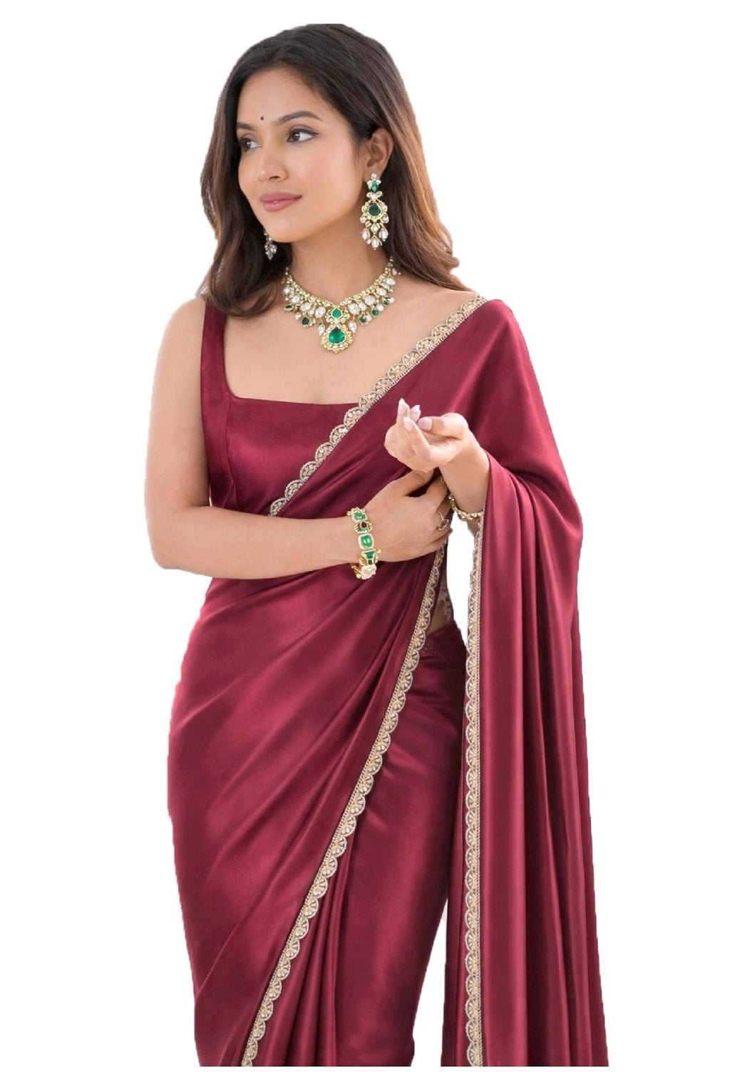 SHOPAZ Ready To Wear Saree For Women Maroon Red Satin SIlk Readymade Stitched Scalloped Border With Unstitched Blouse