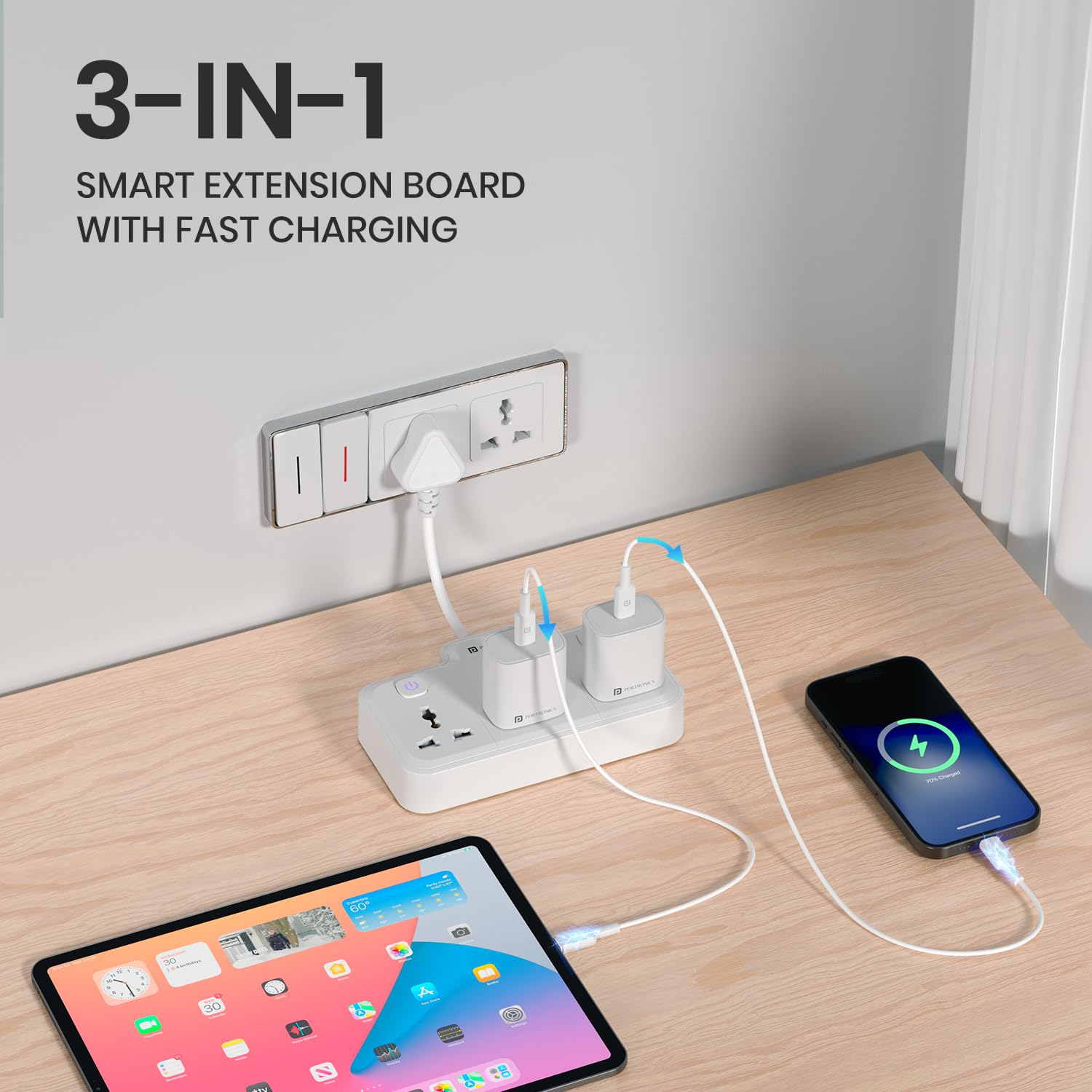 Portronics 2500W Power Plate Nano 3-in-1 Power Extender with 3 Universal Sockets, Individual Switches, 180° Flexible Cord, Child Safety Shutters, for Home, Office, Laptops, Mobiles & Appliances