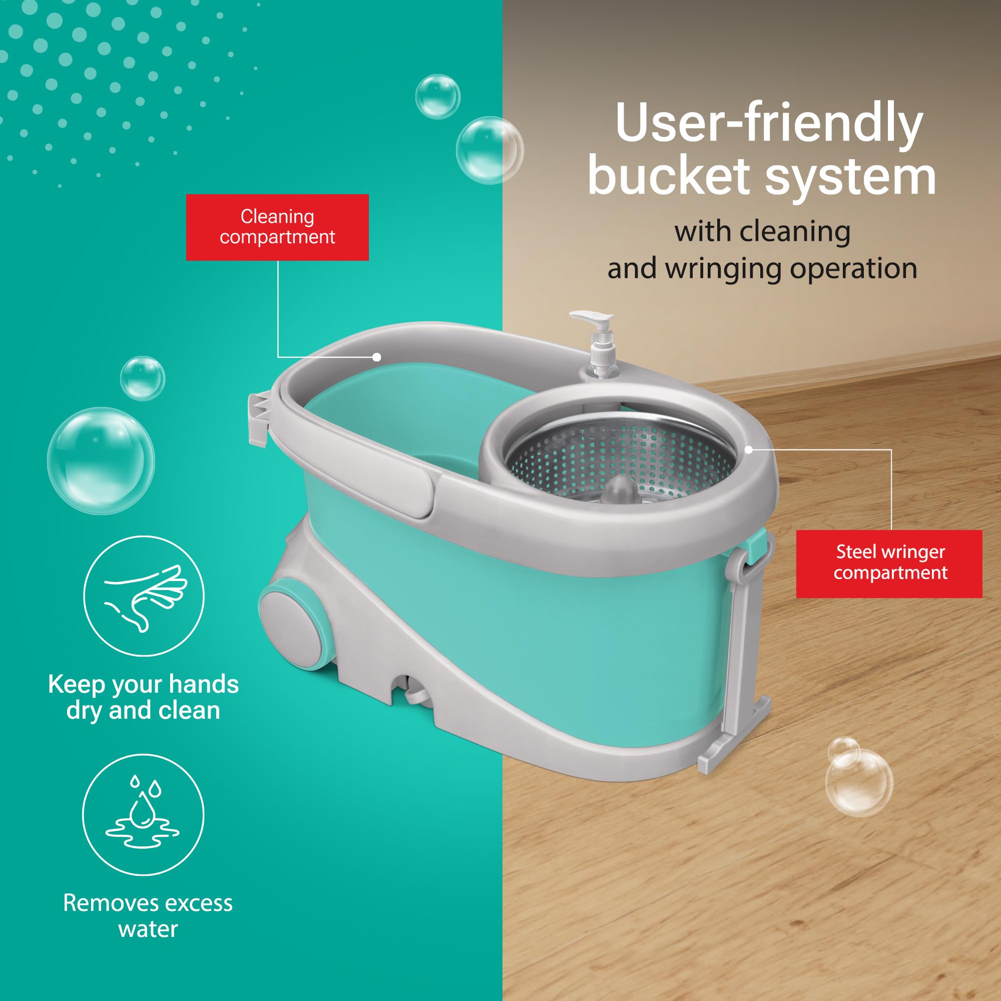 Spotzero by Milton Prime Stainless Steel Wringer Spin Mop with Big Wheel, Puller Handle, Bucket Floor Cleaning and Mopping System 360° Flexible,2 Microfiber Refills, Big Size, Aqua Green