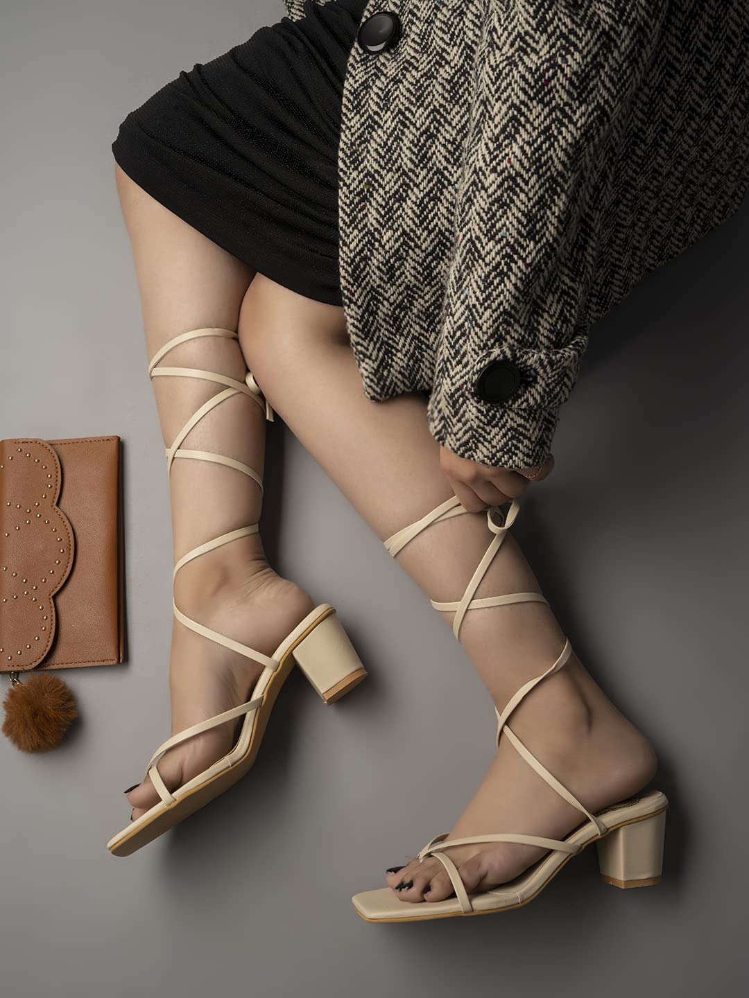 Shoetopia Elegant Cream Block Heel Sandals with Gladiator Detail | Chic Lace-Up Straps | Comfortable Summer Footwear for Women EU38