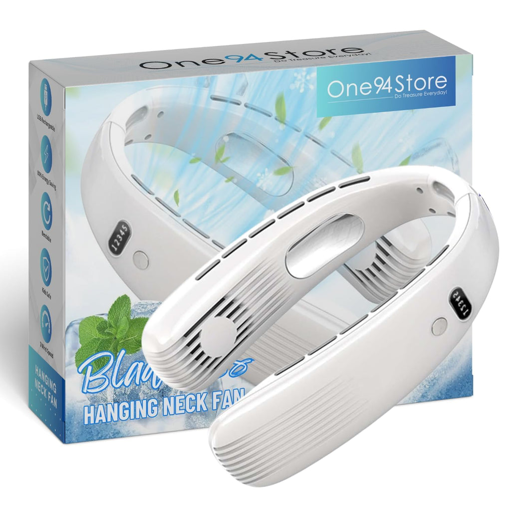 One94Store Portable Bladeless Hanging Neck Fan – 12 Air Outlets, 2400mAh Rechargeable Battery, USB Powered, 5-Speed Hands-Free Cooling Fan, Up to 6 Hours Use for Indoor&Outdoor (White)