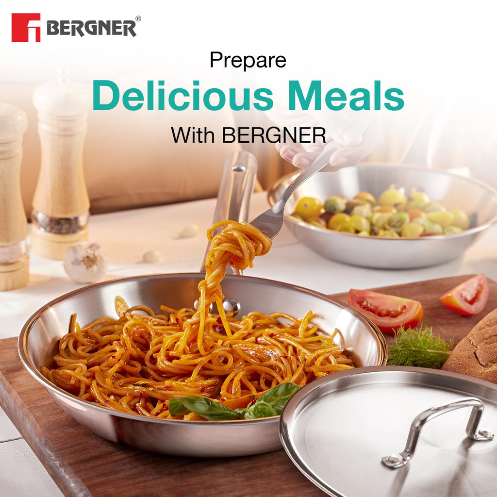 Bergner TriPro 4 Pcs Tri-Ply Stainless Steel Induction Bottom Cookware Set - 22cm (2.1L) Kadai and 22cm (1L) Frypan with Common Stainless Steel Lid, 14cm (1.1L) Teapan, Less Oil Use, Easy to Clean
