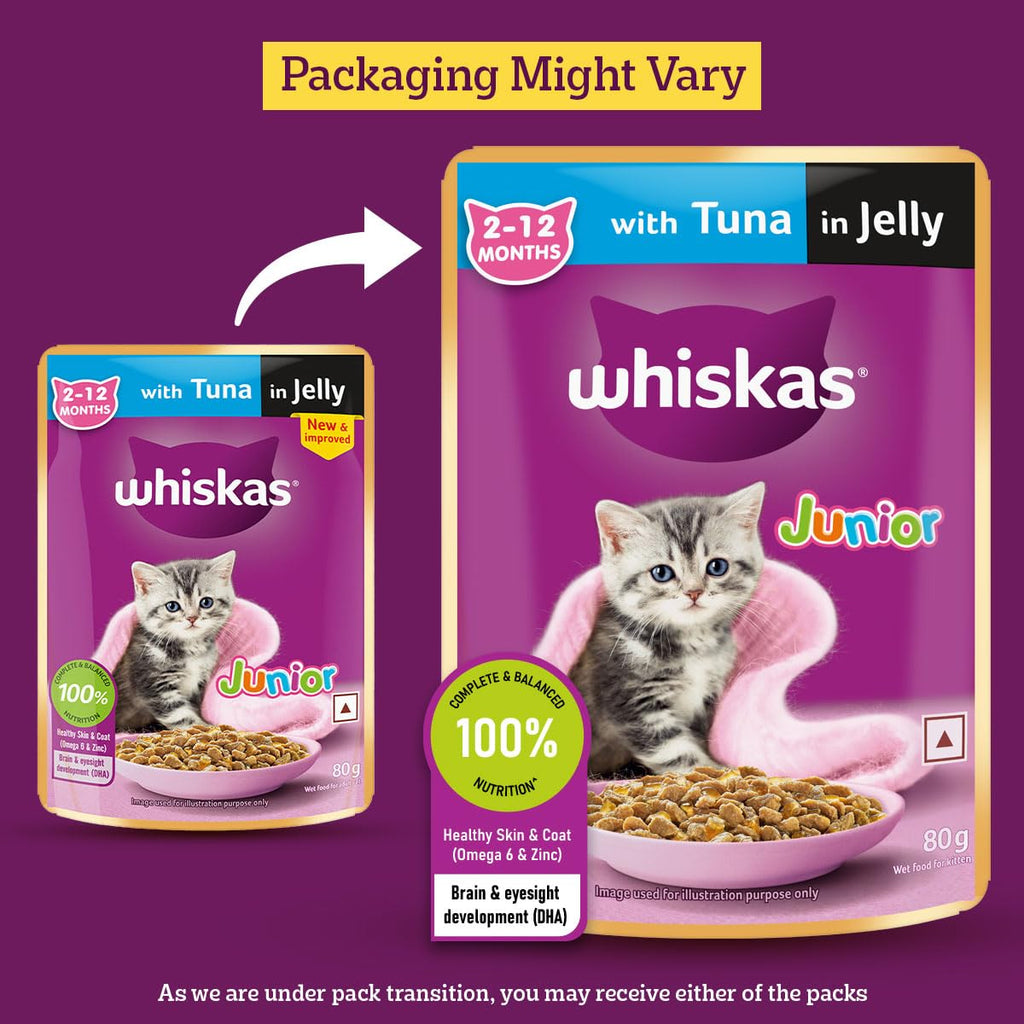 Whiskas Junior Kitten (2-12 Months) Wet Cat Food, Tuna in Jelly, 80 g (Pack of 14), Hydrating Food Made With Real Fish, 100% Complete & Balanced Nutrition for Kittens
