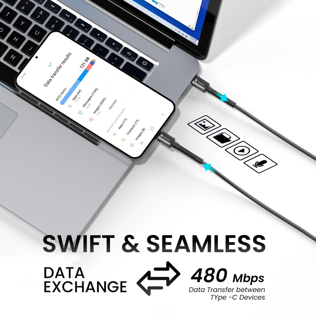 Portronics Konnect X 60W Unbreakable Nylon Braided Cable, 2M Fast Charging Cable For iPhone 15 Series, iPad, Samsung Galaxy (Black)