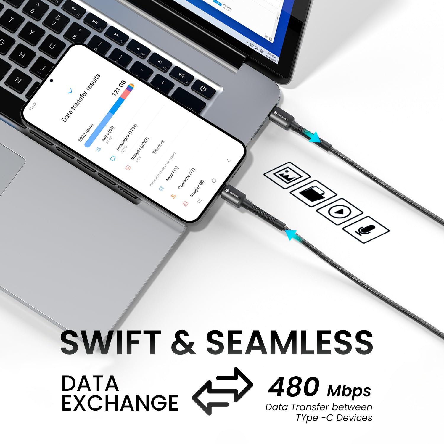 Portronics Konnect X 60W Unbreakable Nylon Braided Cable, 2M Fast Charging Cable For iPhone 15 Series, iPad, Samsung Galaxy (Black)