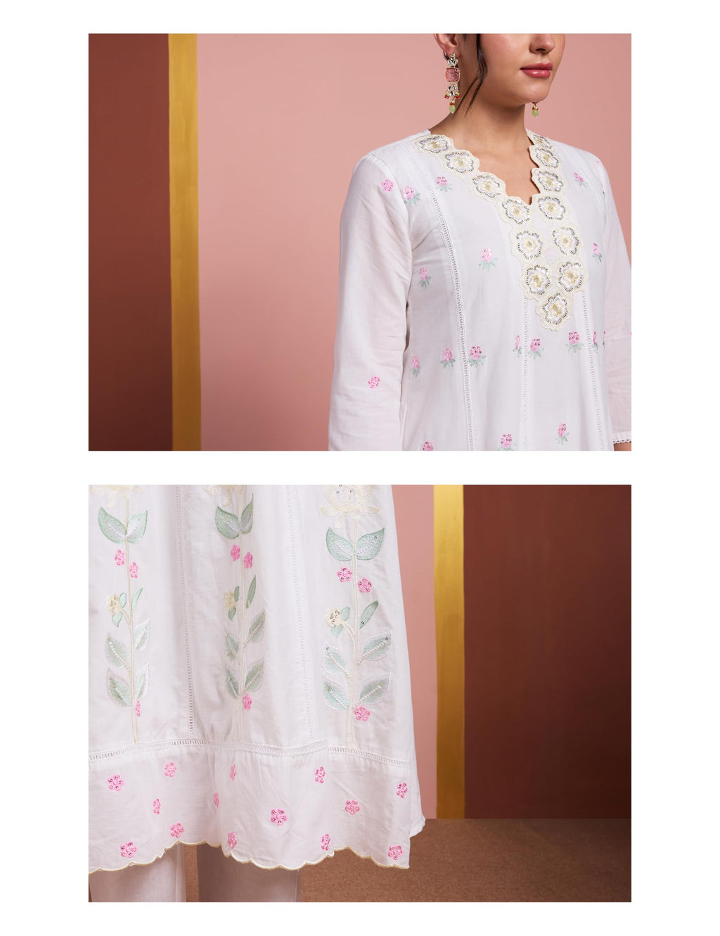 Amazon Brand - Myx Women's Pure Cotton A-Line 3 piece Schiffli Suit Set (Available in Plus Sizes) (SS26-MYX-SUR-SKD-01 (A)_White_L)