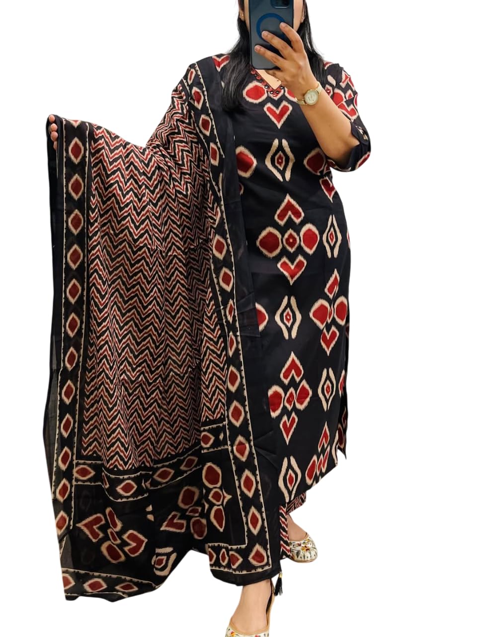 KASOOTI Women's Printed 100% Cotton Straight Kurta with Pants and Dupatta Set | Ethnic Set |Kurta Set (BLACK)