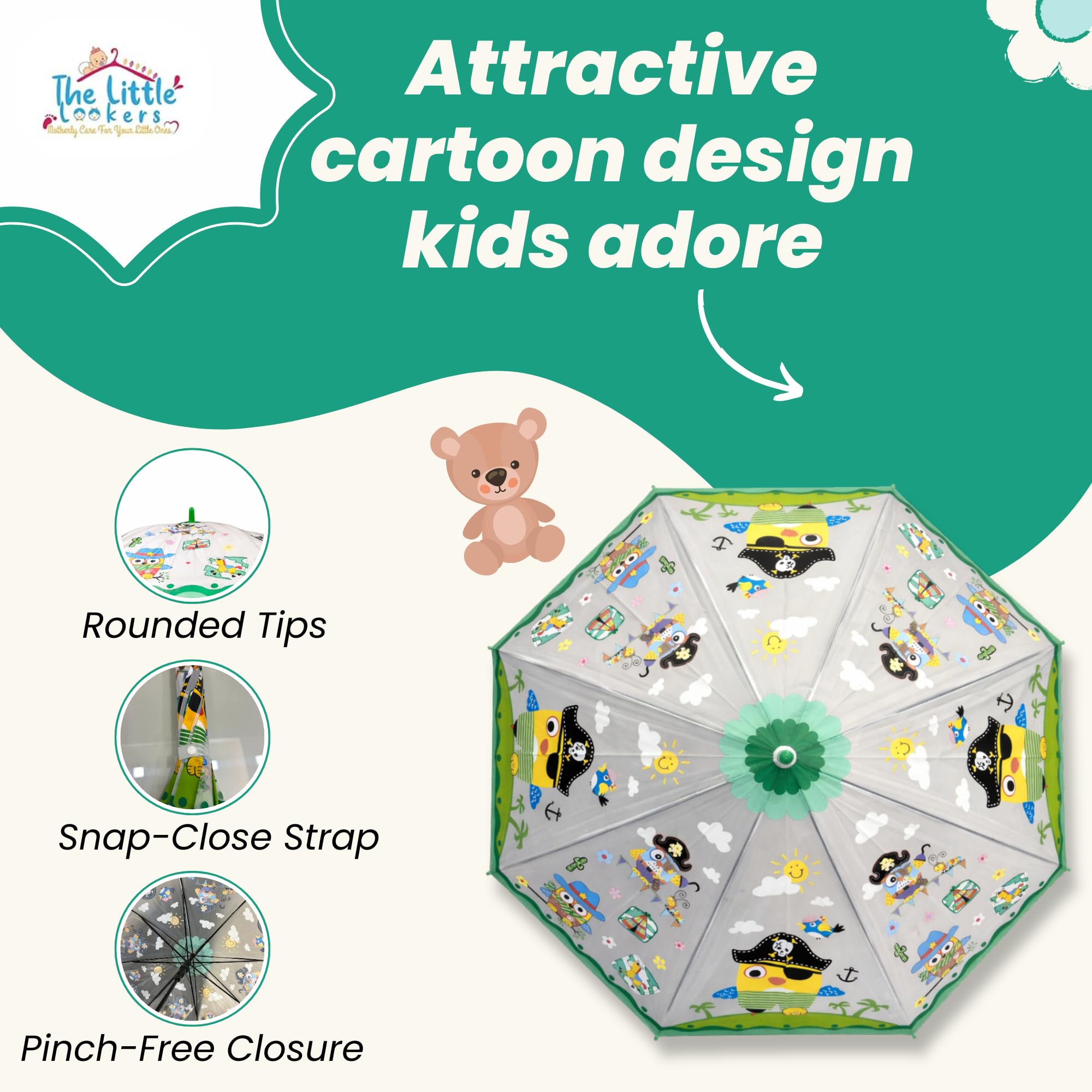THE LITTLE LOOKERS Umbrella for Kids | Cute Printed Children Umbrellas | Stylish & Cute Mini Rain Umbrella for Children | Portable, Waterproof & Lightweight | for Girls and Boys (Green)