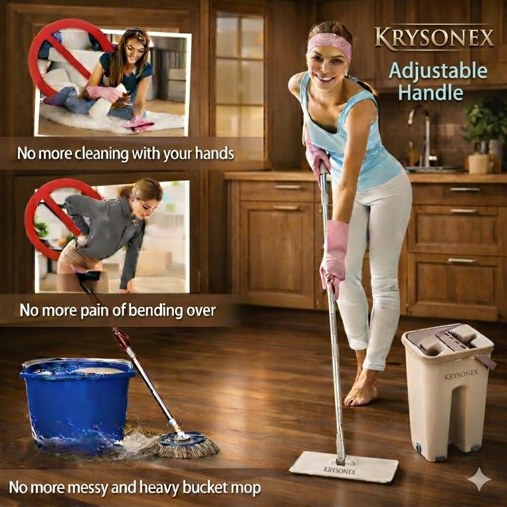 Krysonex - Flat Mop with Bucket for Home Floor Cleaning | Wash & Dry System | Easy Water Control | Home Kitchen Bathroom Cleaning Tool