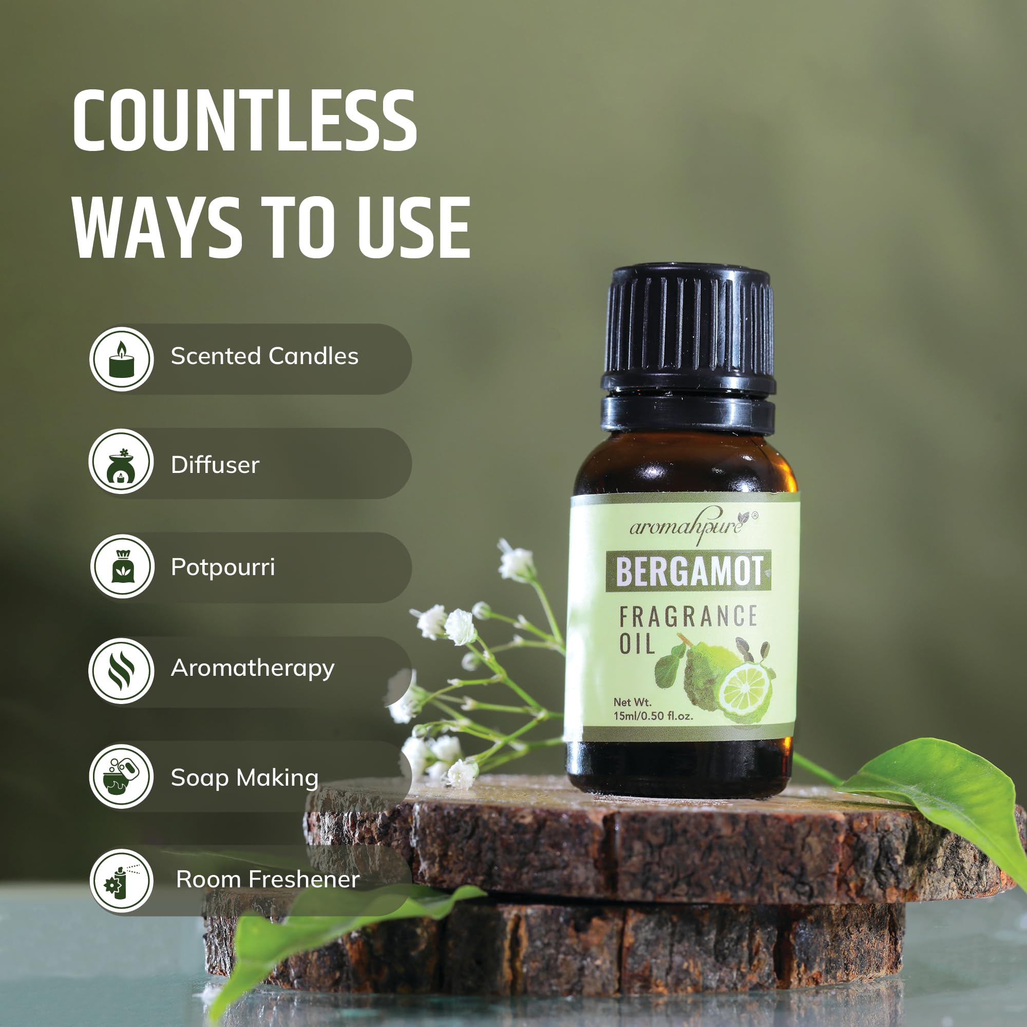 Aromahpure Fragrance Oil | 15 ml | Bergamot Aroma Oil for Home Fragrance | Best for Aromatherapy | Helps in Meditation | Used in Diffusers, Candles, Air Fresheners, Soap, IFRA Certified