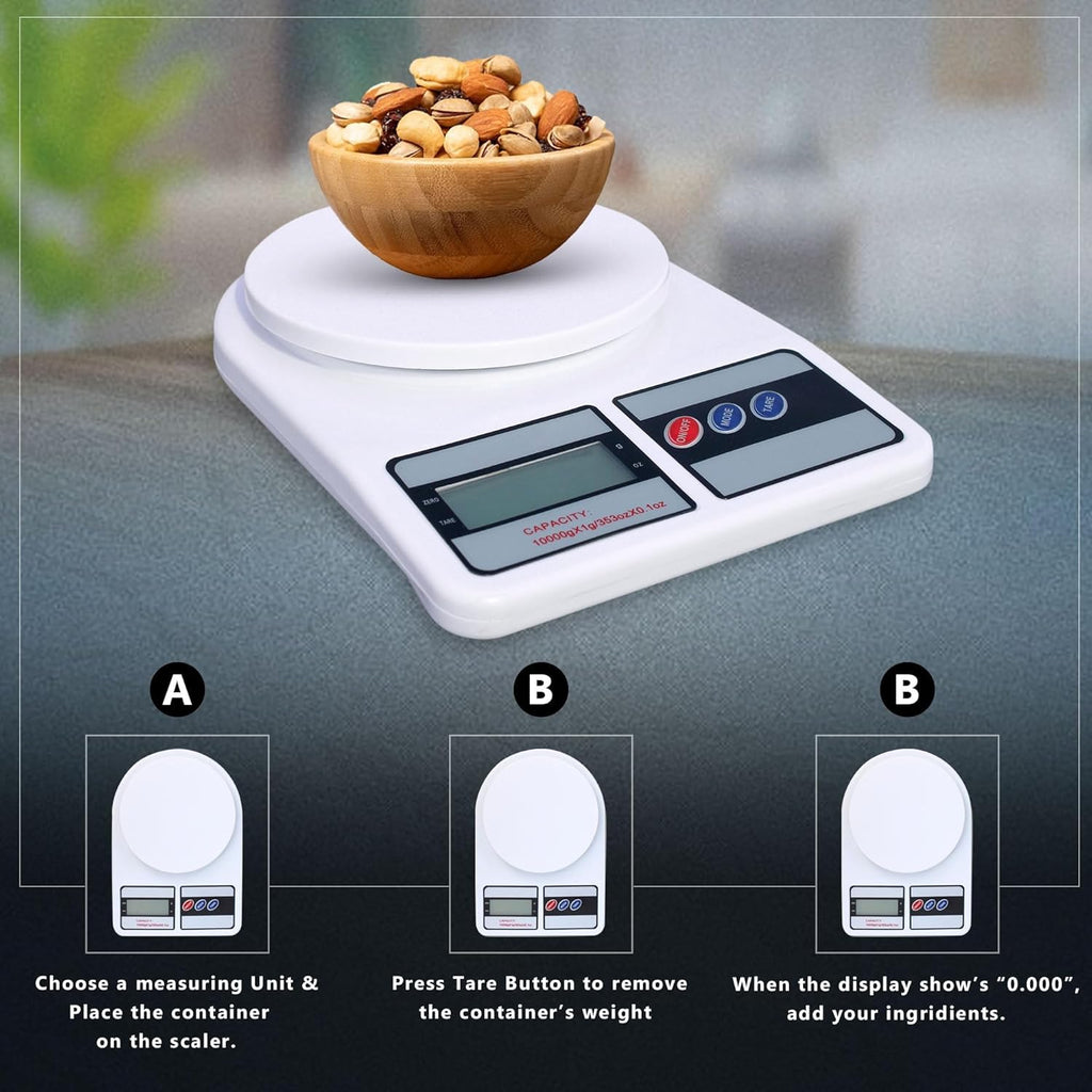Viblizz Digital Kitchen Weighing Scale 10kg | Electronic Food Weight Machine for Home & Kitchen | High Precision SF-400 Scale for Diet, Baking & Cooking | Multipurpose Weight Balance, White