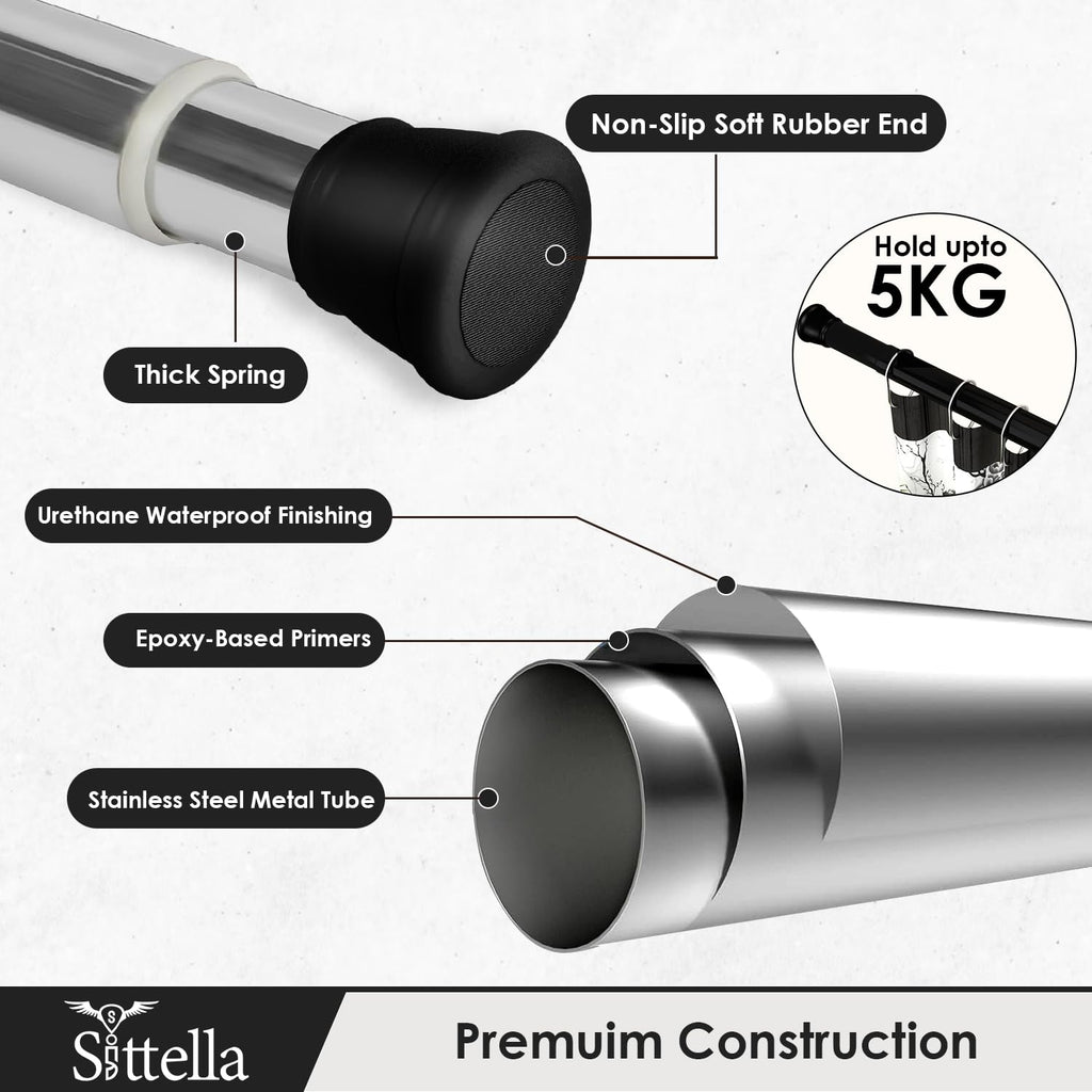 SITTELLA® (85Cm To 140Cm) Extendable Shower Curtain Tension Rod Non-Drilling Anti-Skid Spring Pull Rod -Stainless Steel, Silver-Black