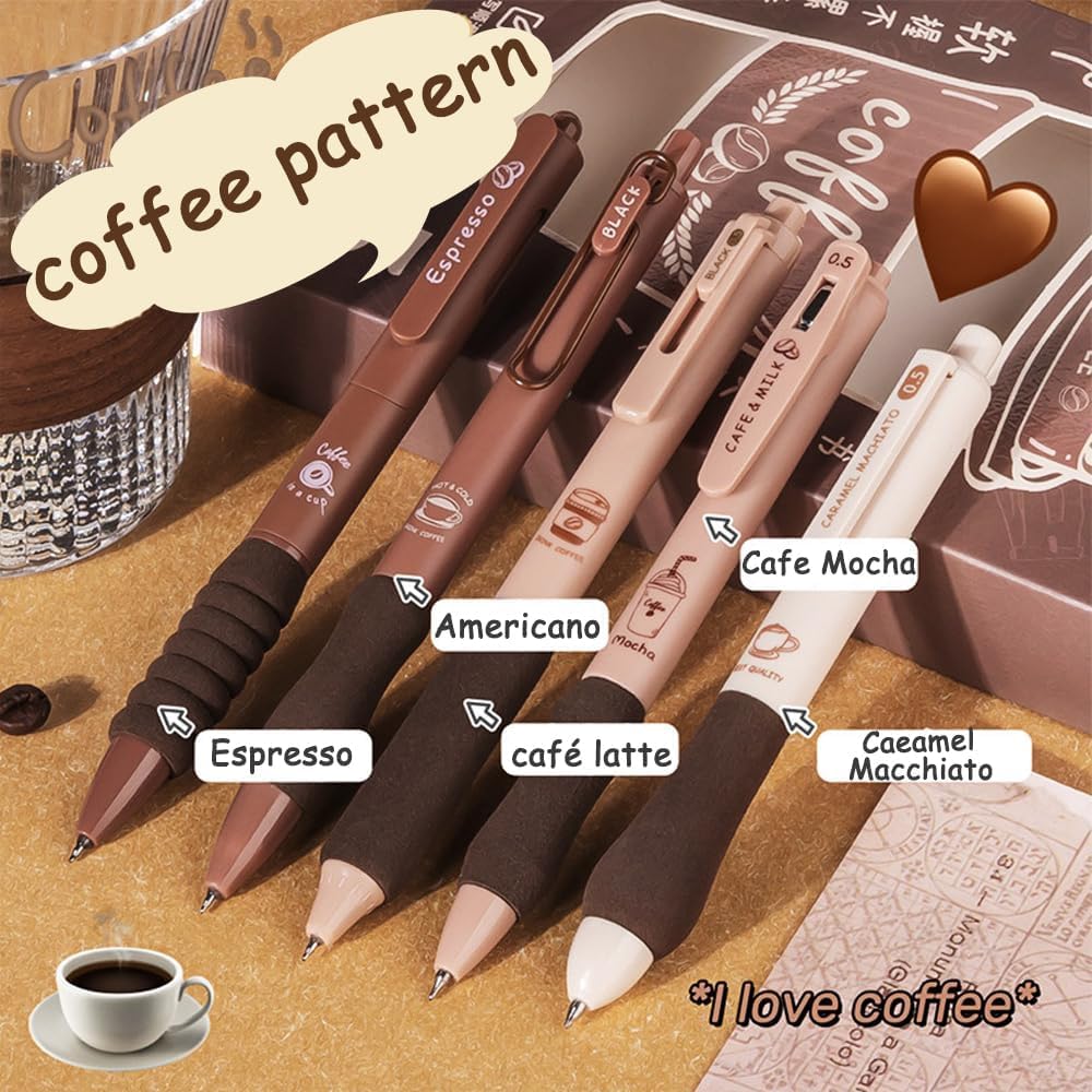 COOFANDY Coffee Theme 5Pcs Cute Gel Pens, Retractable Quick Dry Blue Ink Gel Pens 0.5mm Kawaii Fine Point Smooth Writing Pens for Journaling Note Taking Aesthetic Pens for Office School Supplies