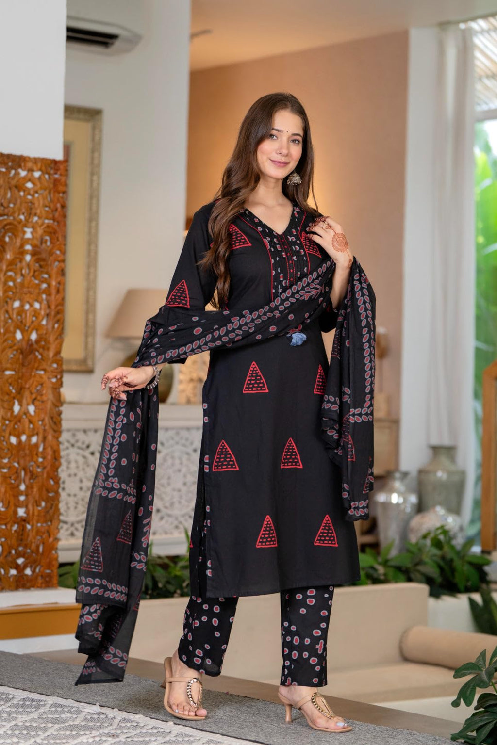 PARTHVI Women's Pure Cotton Printed Straight Kurta Set with Palazzo Pants & Dupatta- Ethnic Wear, Black
