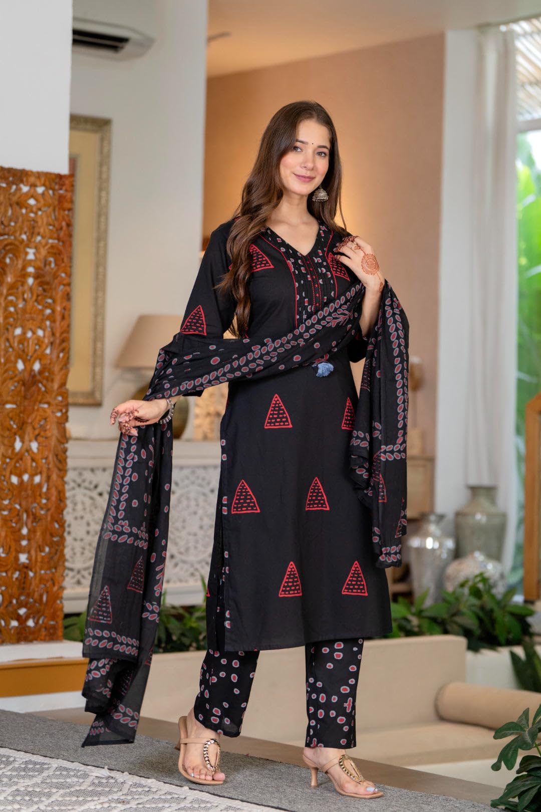 PARTHVI Women's Pure Cotton Printed Straight Kurta Set with Palazzo Pants & Dupatta- Ethnic Wear, Black