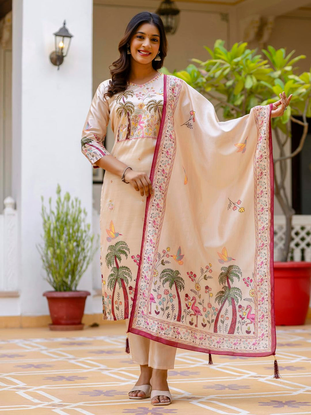 VredeVogel Women's Beads Embroidered Viscose Assam Silk Kurta Pant Set with Printed Dupatta | Festive & Casual Ethnic Kurta Sets for Women (Cream-M)