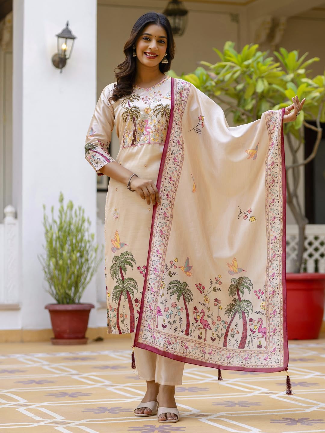 VredeVogel Women's Beads Embroidered Viscose Assam Silk Kurta Pant Set with Printed Dupatta | Festive & Casual Ethnic Kurta Sets for Women (Cream-M)