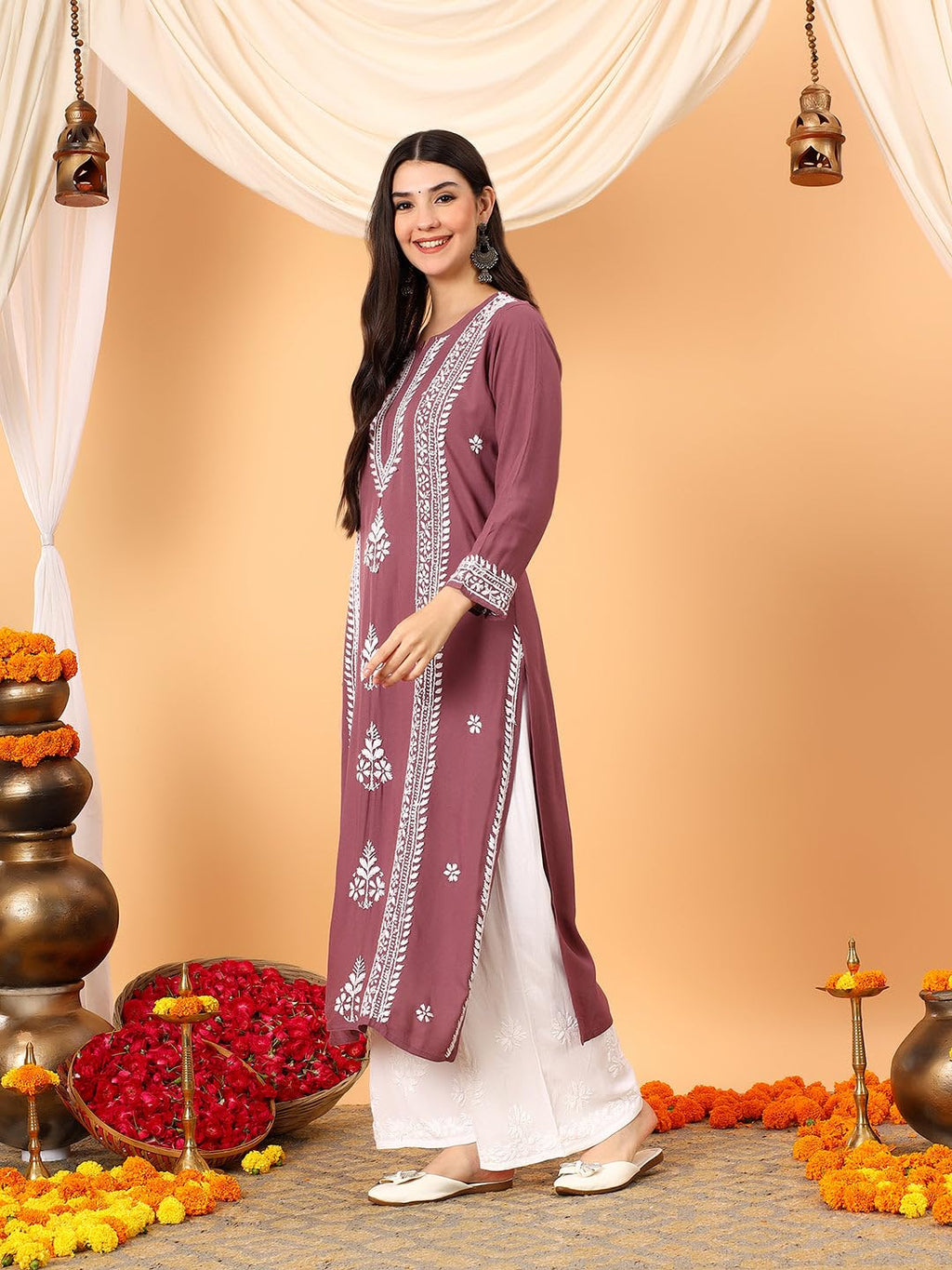 GoSriKi Women's Viscose Straight Embroidered Kurta (Kinjal Mauve-GS_L_Maroon_Large)