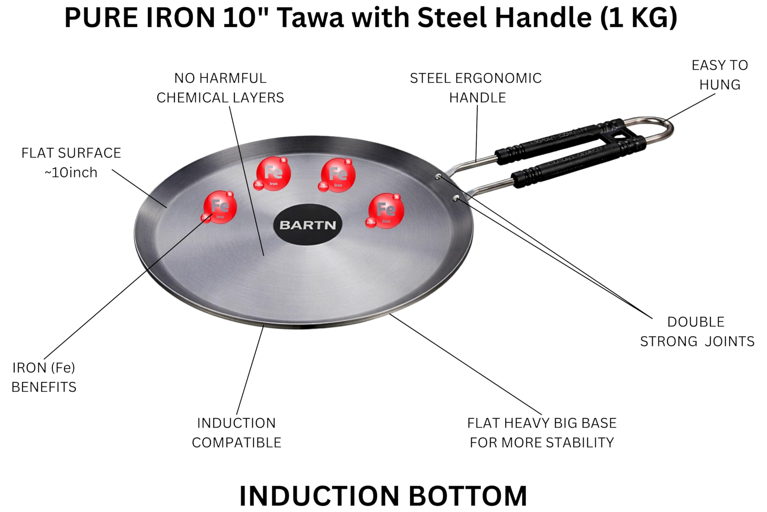 Pure Iron Induction Tawa 10 inch Diameter for Roti, Chapati & Dosa with Steel Handle | Heavy Iron Tava with Health Benefits | Non-Toxic, No Chemical Layer | Induction & Gas Compatible, 1 KG