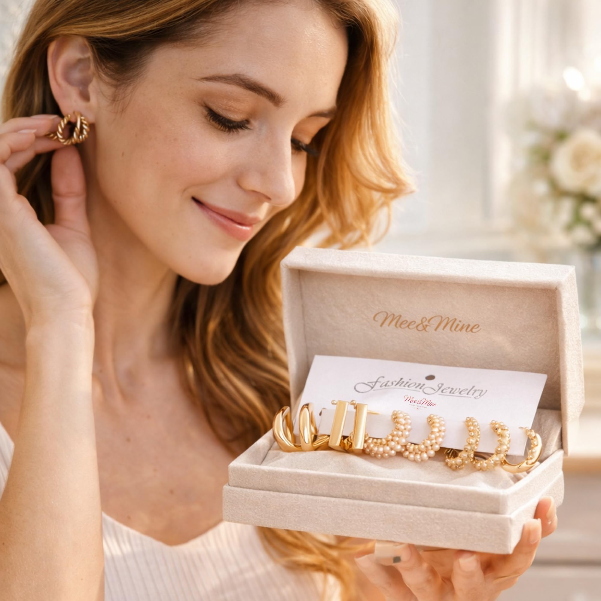 Mee&Mine Gold Hoop Earrings Set for Women (5 Pairs) – Chunky, Twisted, Pearl Hoop Earrings Combo, Trendy Gold Plated Earrings Set, Stylish Everyday Jewelry for Girls & Women