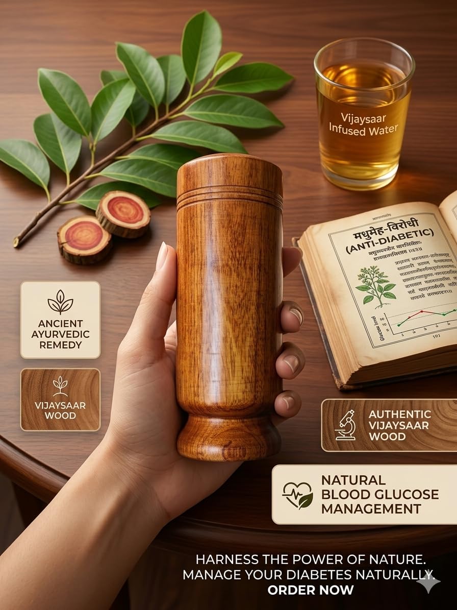 Wooden Cave Vijaysaar Wood Herbal Glass for Diabetes, Ayurvedic Tumbler, 90 ml Capacity, Natural Finish | Sugar Control Vijaysar Wood Glass for Diabetic Patients