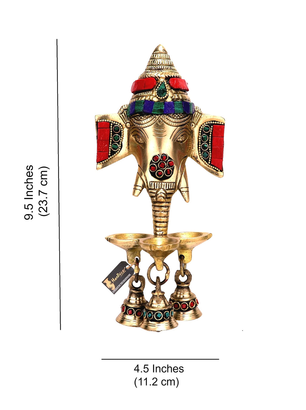 Two Moustaches Gemstone Work Brass Ganesha Wall Hanging Diya with Bells for Home Decor, Brass Hanging Diyas Oil Lamp, Diwali Gifts, Diyas for Diwali, Ghanti for Pooja, Temple Decor, Pack of 1