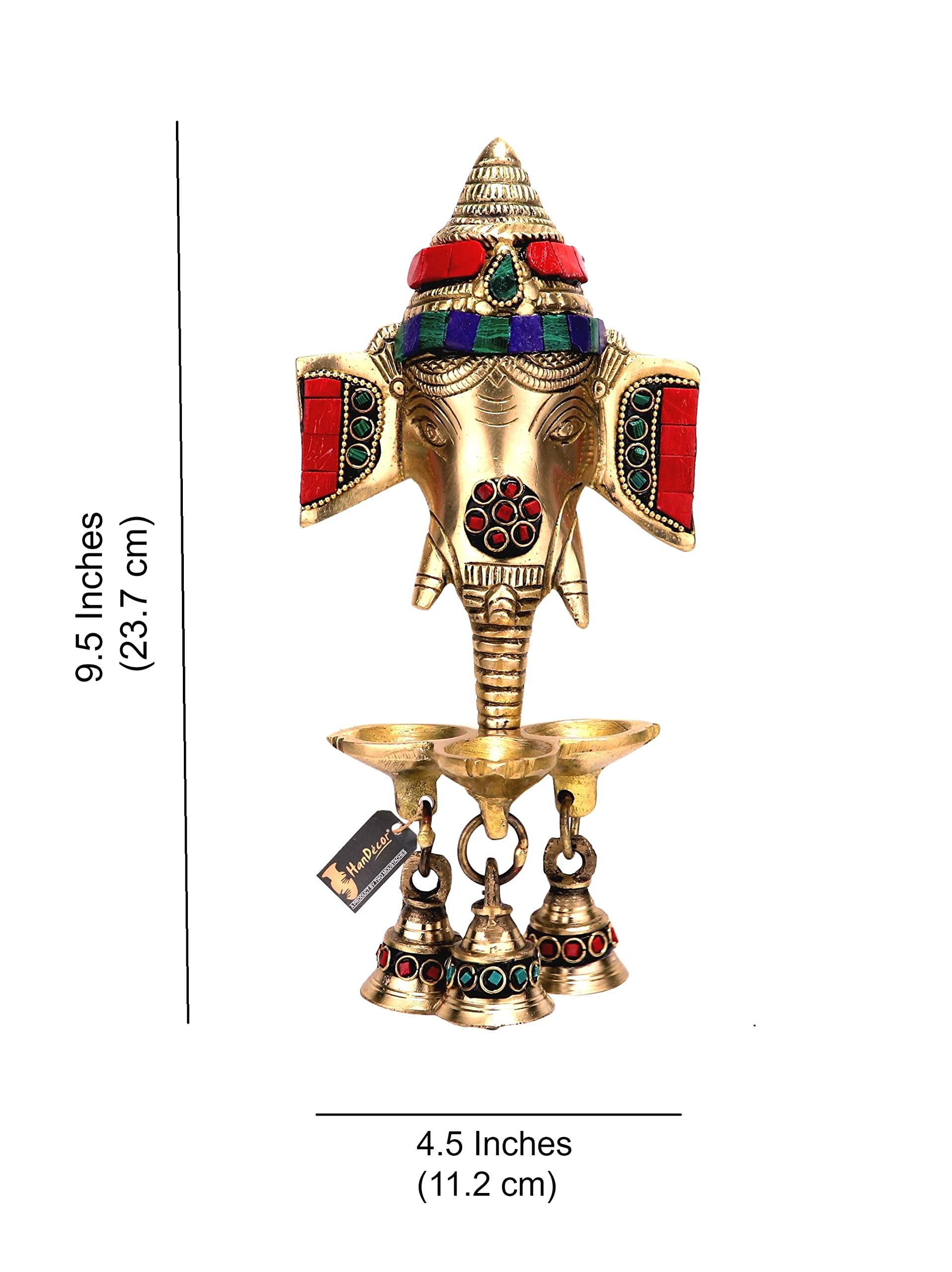 Two Moustaches Gemstone Work Brass Ganesha Wall Hanging Diya with Bells for Home Decor, Brass Hanging Diyas Oil Lamp, Diwali Gifts, Diyas for Diwali, Ghanti for Pooja, Temple Decor, Pack of 1