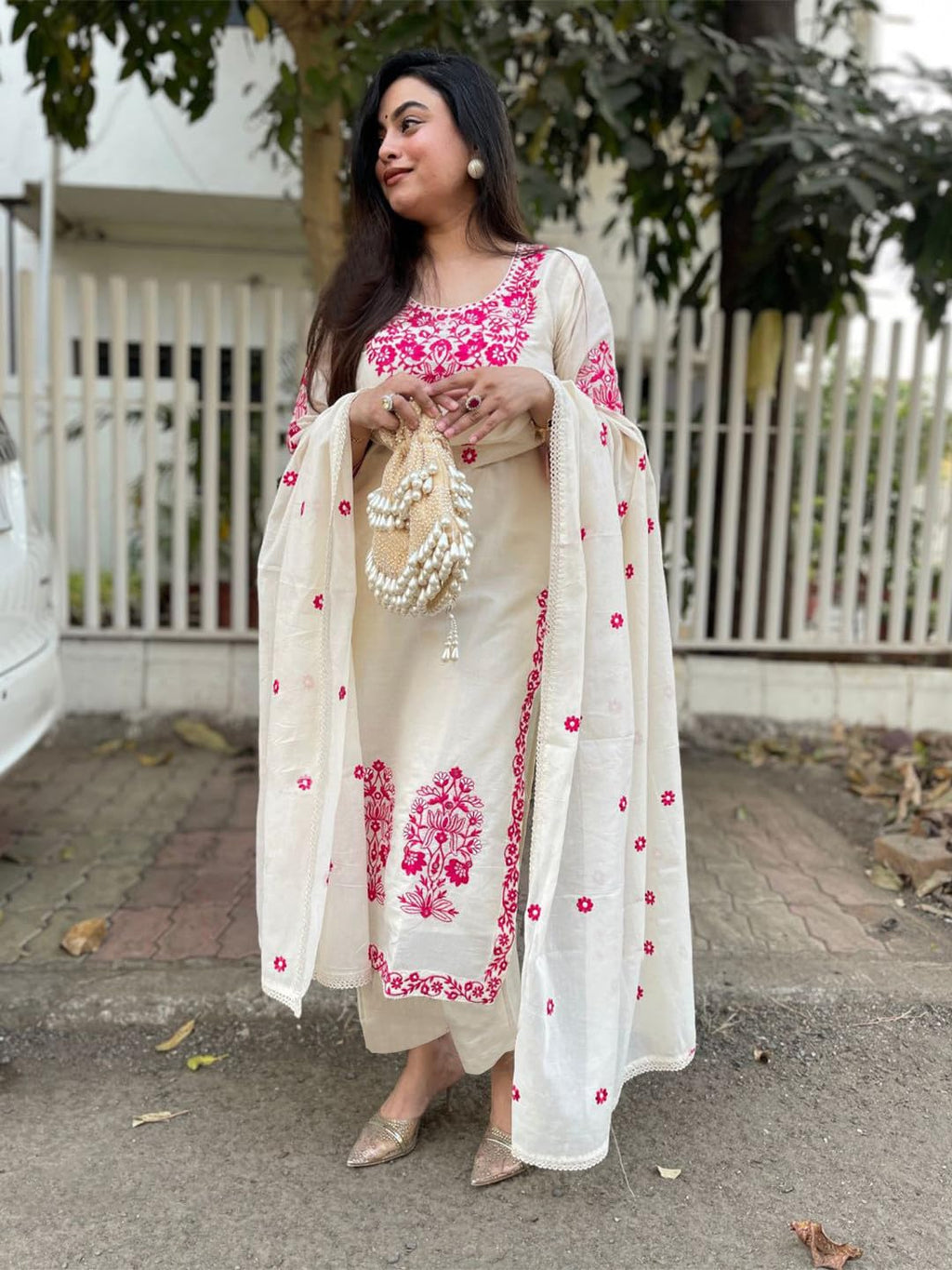 GoSriKi Women's Rayon Viscose Embroidered Straight Kurta with Pant & Dupatta (JIVANTA Cream-GS_L_Cream_Large)