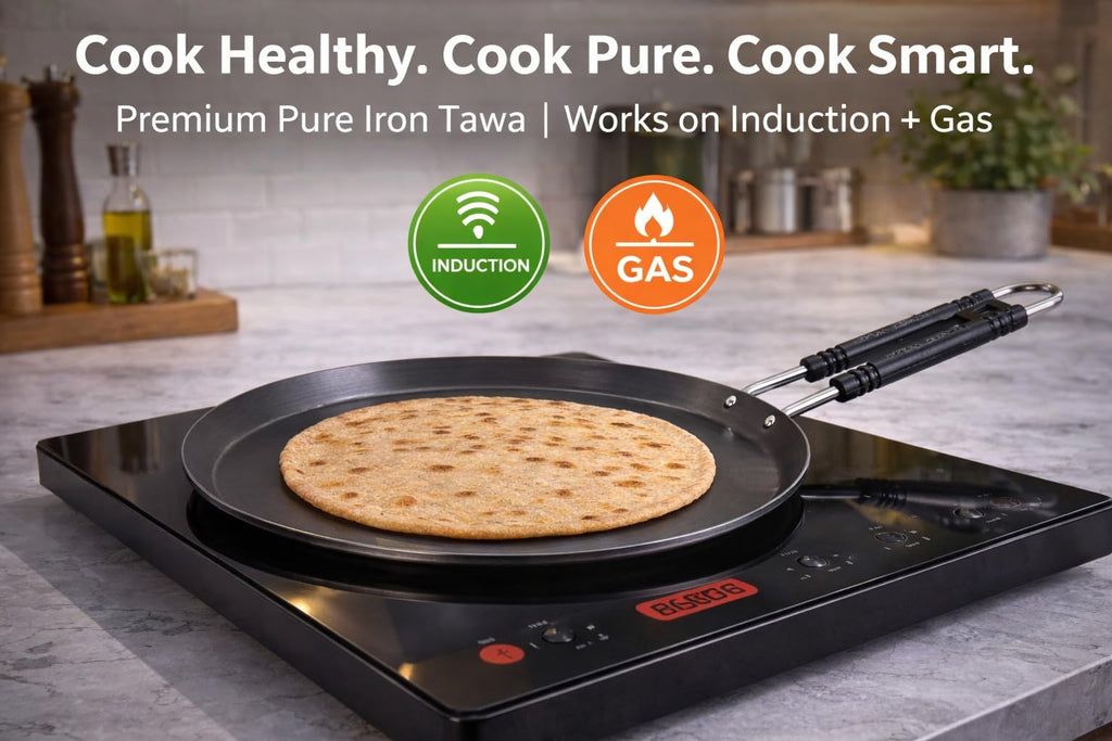 Pure Iron Induction Tawa 10 inch Diameter for Roti, Chapati & Dosa with Steel Handle | Heavy Iron Tava with Health Benefits | Non-Toxic, No Chemical Layer | Induction & Gas Compatible, 1 KG