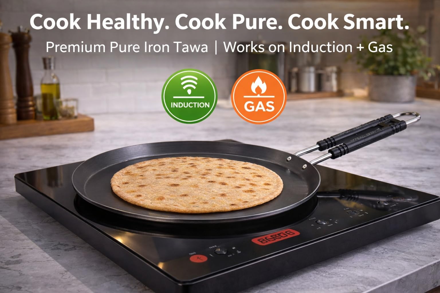 Pure Iron Induction Tawa 10 inch Diameter for Roti, Chapati & Dosa with Steel Handle | Heavy Iron Tava with Health Benefits | Non-Toxic, No Chemical Layer | Induction & Gas Compatible, 1 KG