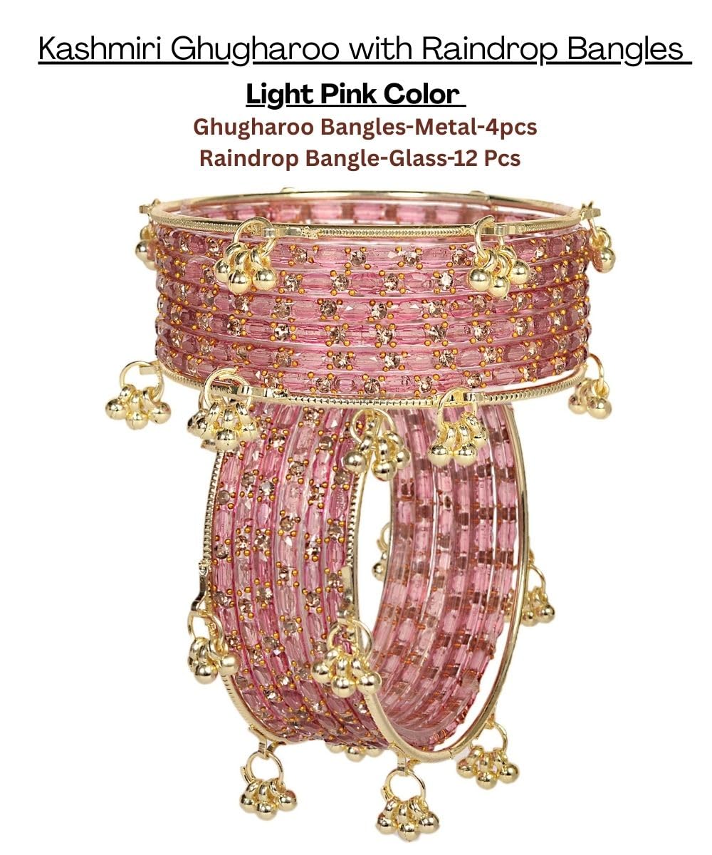 Swara Creations Kashmiri Ghungroo Raindrop Bangles Combo Set | Light Pink Color| for Women and Girls|Set of 16 Pcs (SKU417)