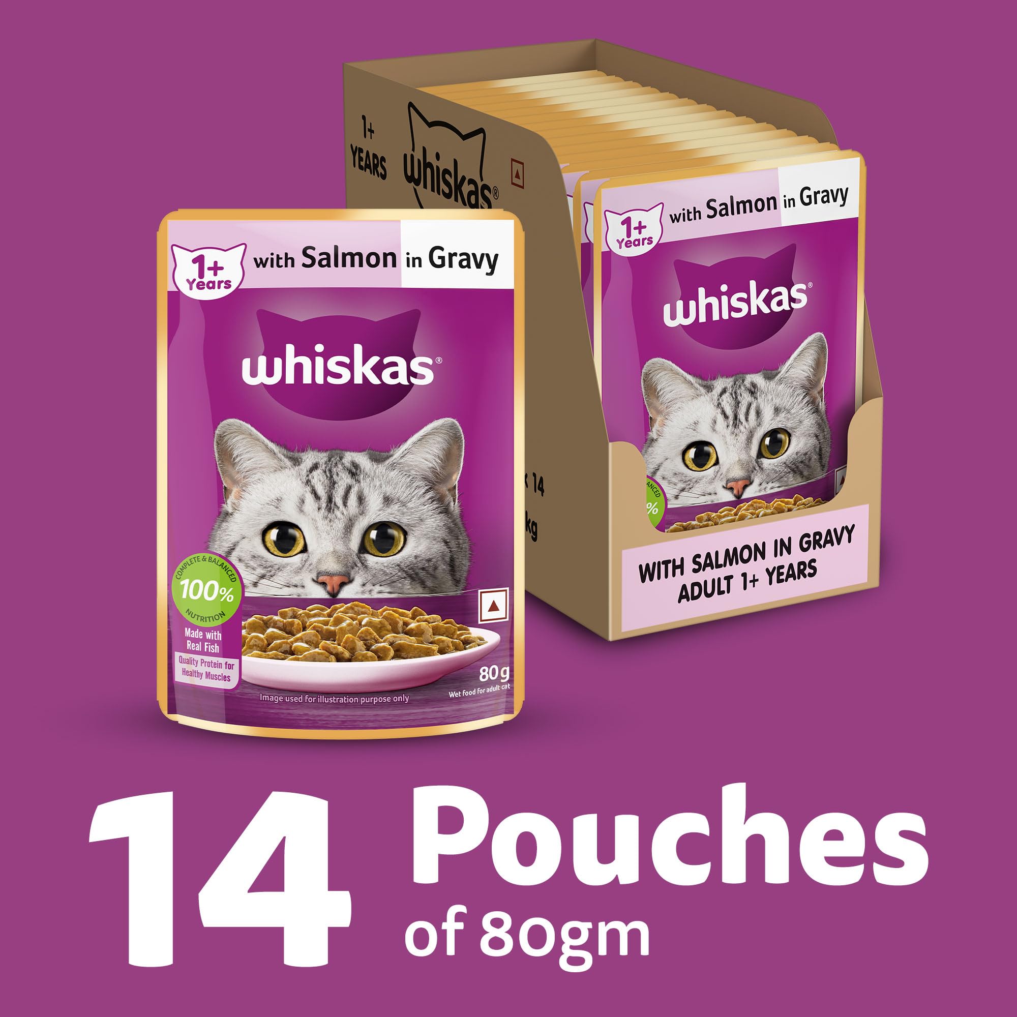 Whiskas Adult (1+ Years) Wet Cat Food, Salmon in Gravy, 80 g (Pack of 14), Hydrating Food Made With Real Fish, 100% Complete & Balanced Nutrition for Adult Cats