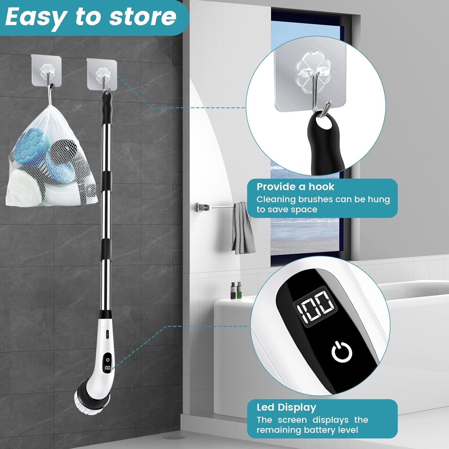 DADLM® 9 in 1 Electric Spin Scrubber,Cleaning Brush Scrubber for Home, 400RPM/Mins-9 Replaceable Brush Heads-90Mins Work Time,Adjustable Size,2 Adjustable Speeds for Bathroom Shower (1)