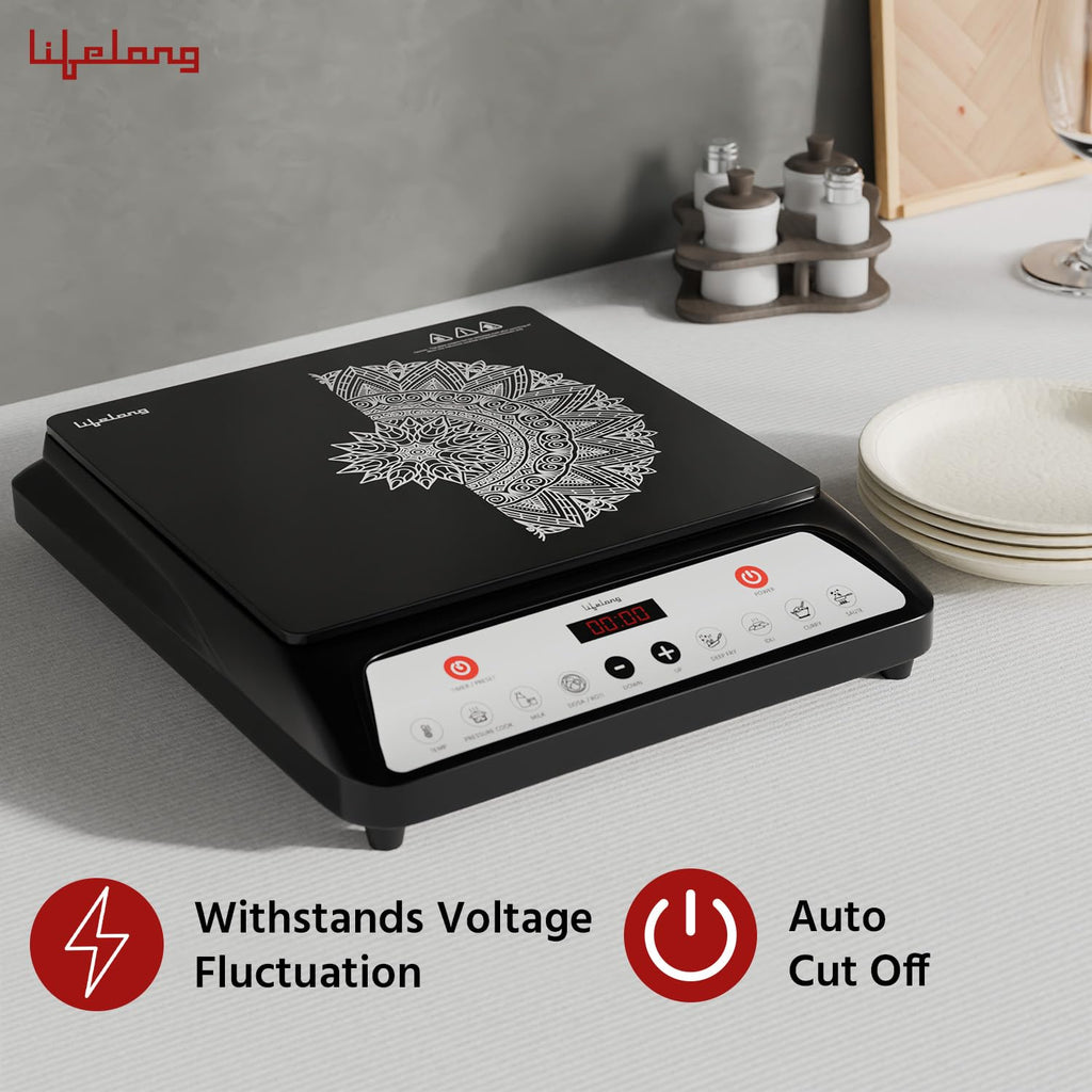 Lifelong 1800 Watt Induction Stove With Surge Protection, Electric Induction, 7 Preset Indian Menu Options, Auto Shut Off&Temperature Control with Voltage Protection, 1 Year Manufacturer's Warranty